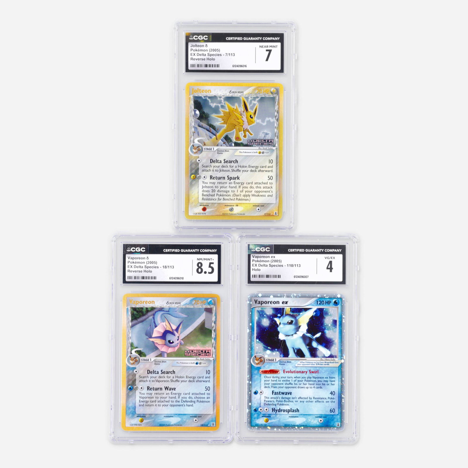 Three 2005 Pokemon EX Delta Species Jolteon and Vaporeon Holo and Reverse Holo CGC: Three 2005 Pokemon EX Delta Species Jolteon and Vaporeon Holo and Reverse Holo CGC Trading Card Group USA, 2005 2005 Pokemon EX Delta Species 7/113 Jolteon ? Reverse Holo Trading Card CGC 7 CGC