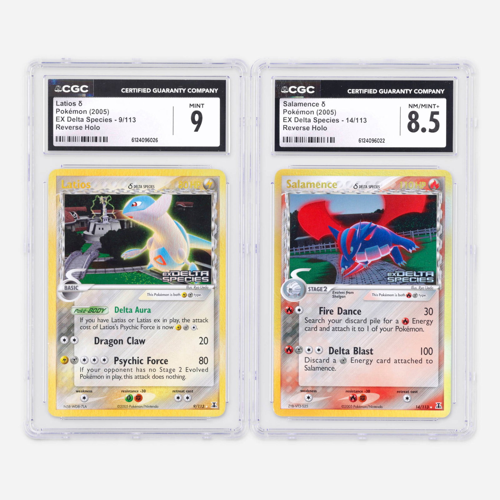 Two 2005 Pokemon EX Delta Species 9/113 Latios ? and 14/113 Salamence ? Reverse Holo CGC: Two 2005 Pokemon EX Delta Species 9/113 Latios ? and 14/113 Salamence ? Reverse Holo CGC Trading Card Group USA, 2005 2005 Pokemon EX Delta Species 9/113 Latios ? Reverse Holo Trading Card CGC 9