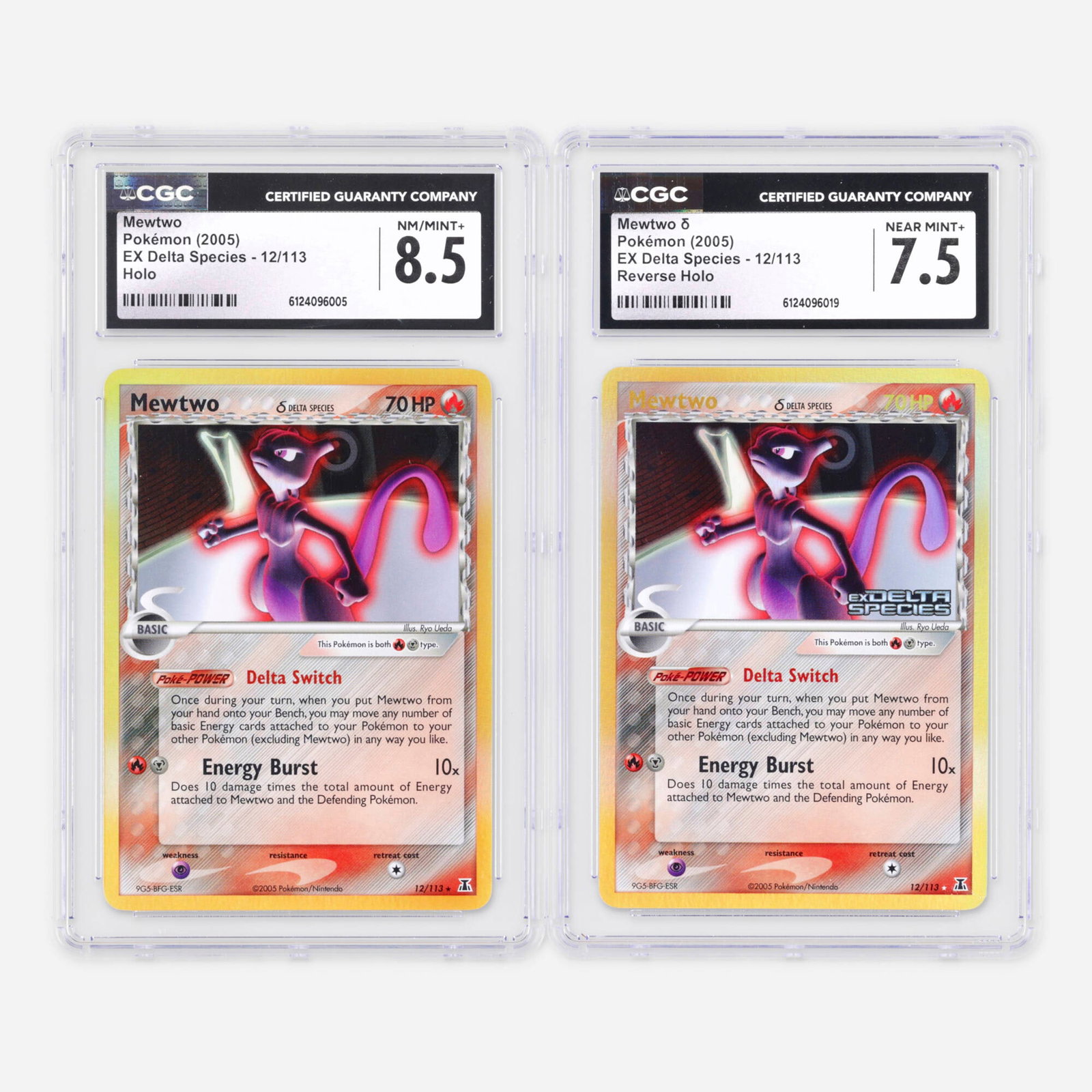 2005 Pokemon EX Delta Species 12/113 Mewtwo ? Holo and Reverse Holo CGC Trading Card Group: 2005 Pokemon EX Delta Species 12/113 Mewtwo ? Holo and Reverse Holo CGC Trading Card Group USA, 2005 2005 Pokemon EX Delta Species 12/113 Mewtwo ? Holo Trading Card CGC 8.5 CGC#: 61240