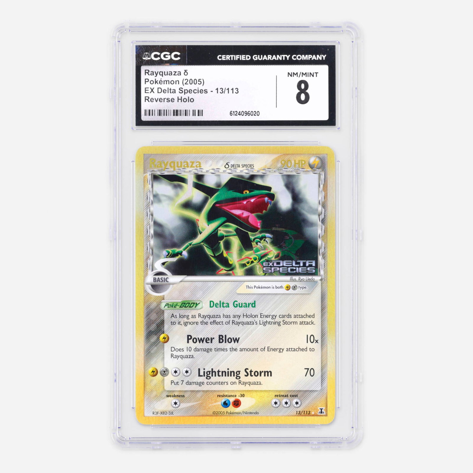 2005 Pokemon EX Delta Species 13/113 Rayquaza ? Reverse Holo Trading Card CGC 8: 2005 Pokemon EX Delta Species 13/113 Rayquaza ? Reverse Holo Trading Card CGC 8 USA, 2005 CGC#: 6124096020 Population: 19 In 8, 80 Higher