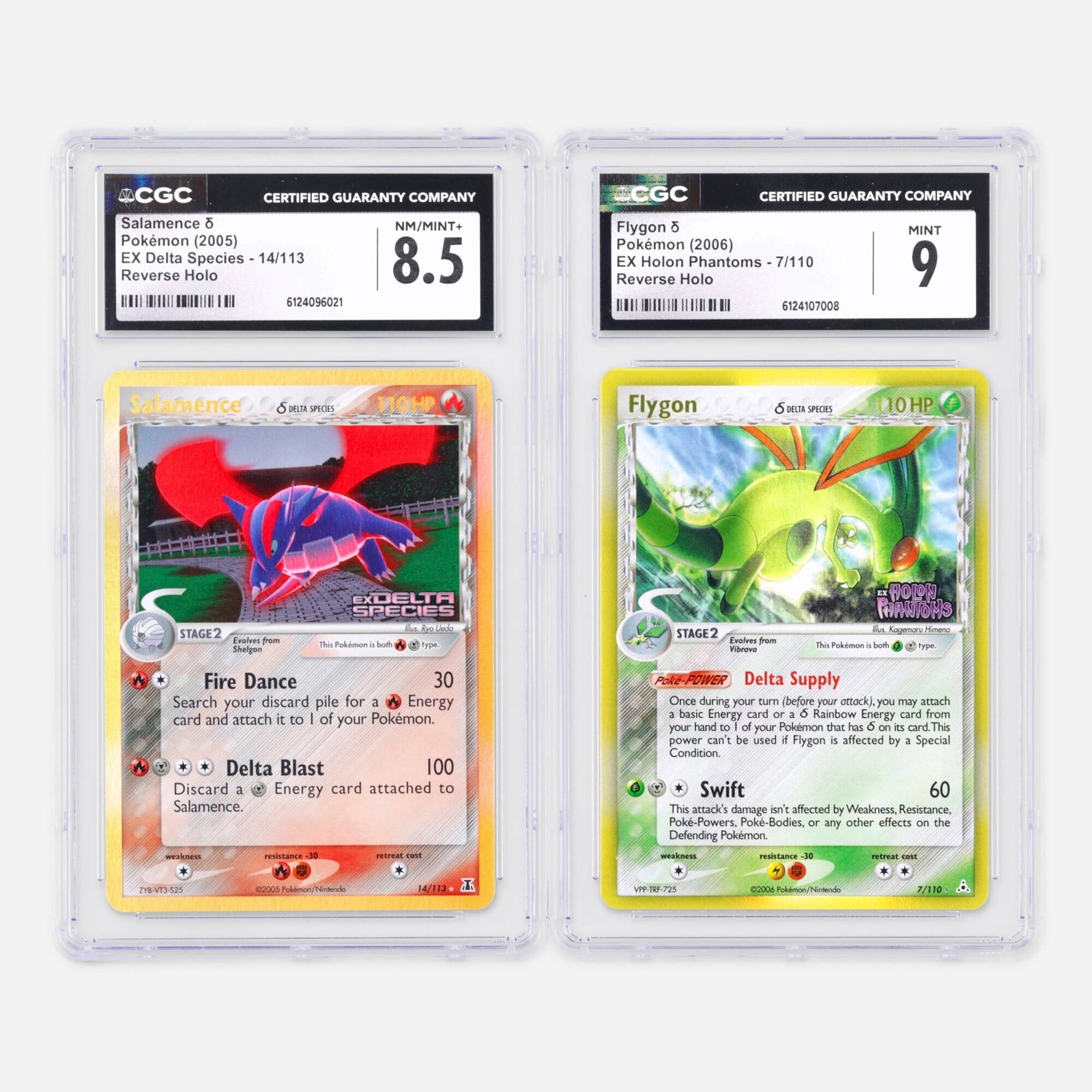 Pokemon EX Delta Species and EX Holon Phantoms 14/113 Salamence ? 7/110 Flygon ? Reverse Holo: Two 2005-2006 Pokemon EX Delta Species and EX Holon Phantoms 14/113 Salamence ? and 7/110 Flygon ? Reverse Holo CGC Trading Card Group USA, 2005, 2006 2005 Pokemon EX Delta Species 14/113 Salamence ? 