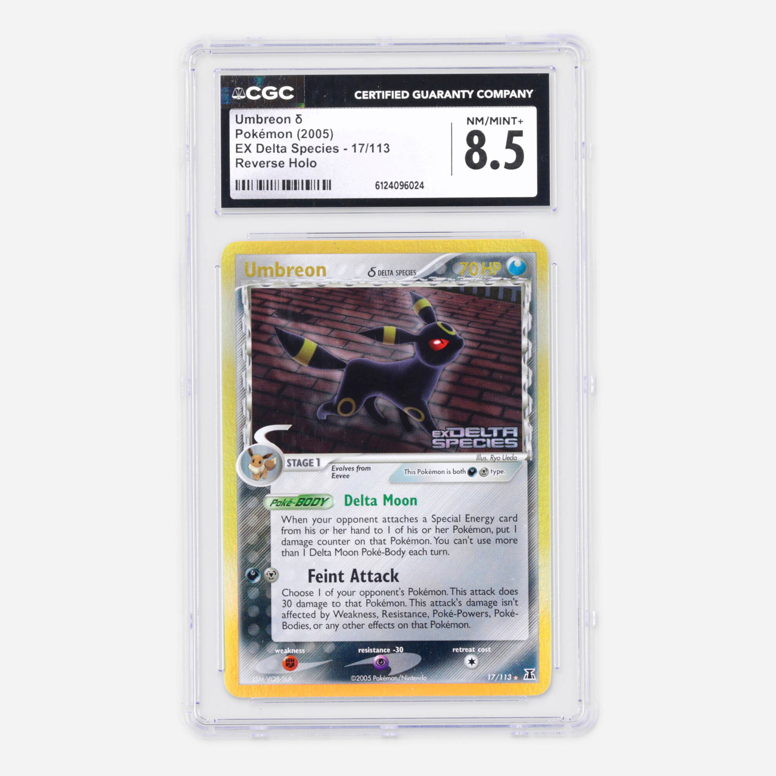 2005 Pokemon EX Delta Species 17/113 Umbreon ? Reverse Holo Trading Card CGC 8.5: 2005 Pokemon EX Delta Species 17/113 Umbreon ? Reverse Holo Trading Card CGC 8.5 USA, 2005 CGC#: 6124096024 Population: 26 In 8.5, 49 Higher