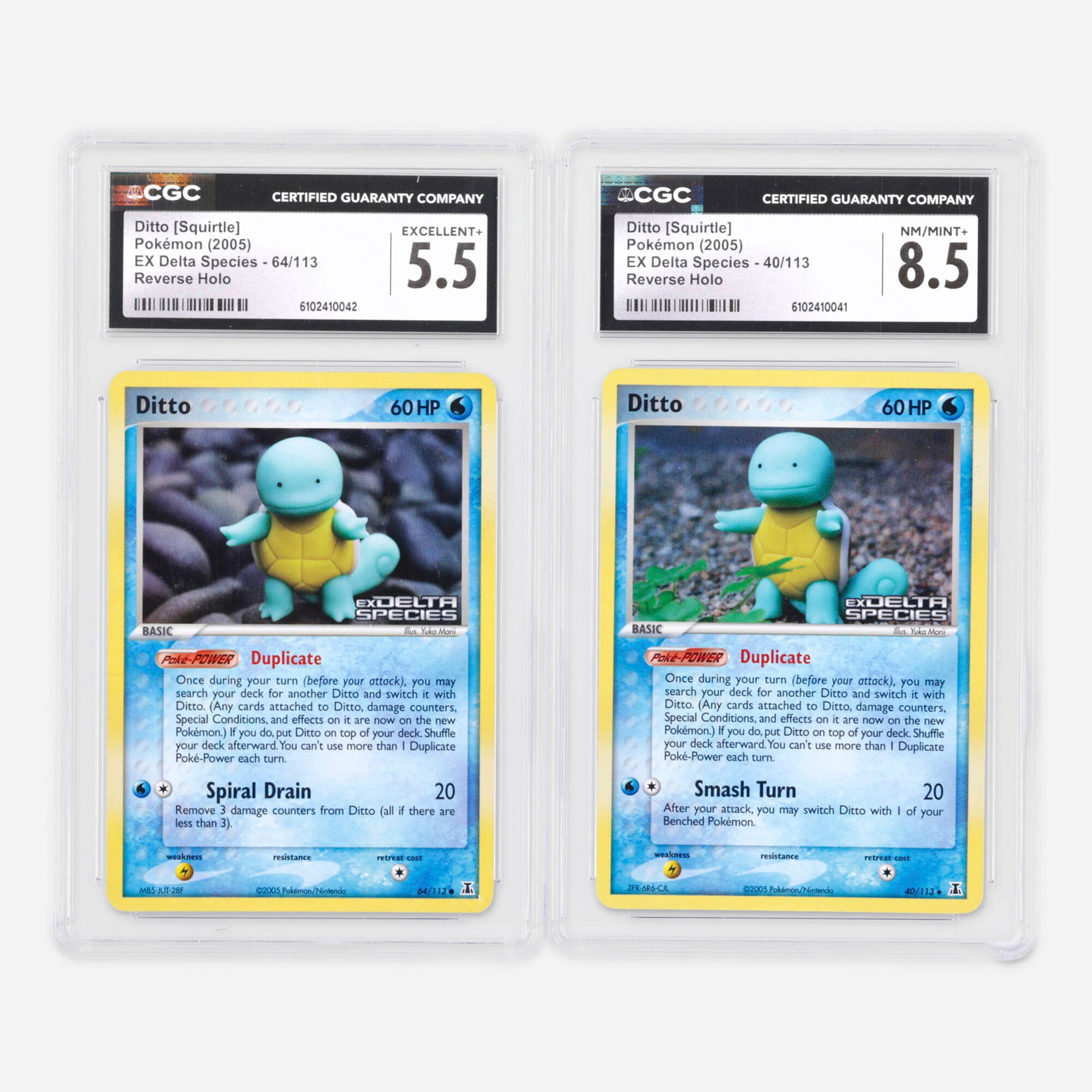 Two 2005 Pokemon EX Delta Species 40/113 and 64/113 Ditto [Squirtle] Reverse Holo CGC: Two 2005 Pokemon EX Delta Species 40/113 and 64/113 Ditto [Squirtle] Reverse Holo CGC Trading Card Group USA, 2006 2005 Pokemon EX Delta Species 40/113 Ditto [Squirtle] Reverse Holo Trading Card CGC 8