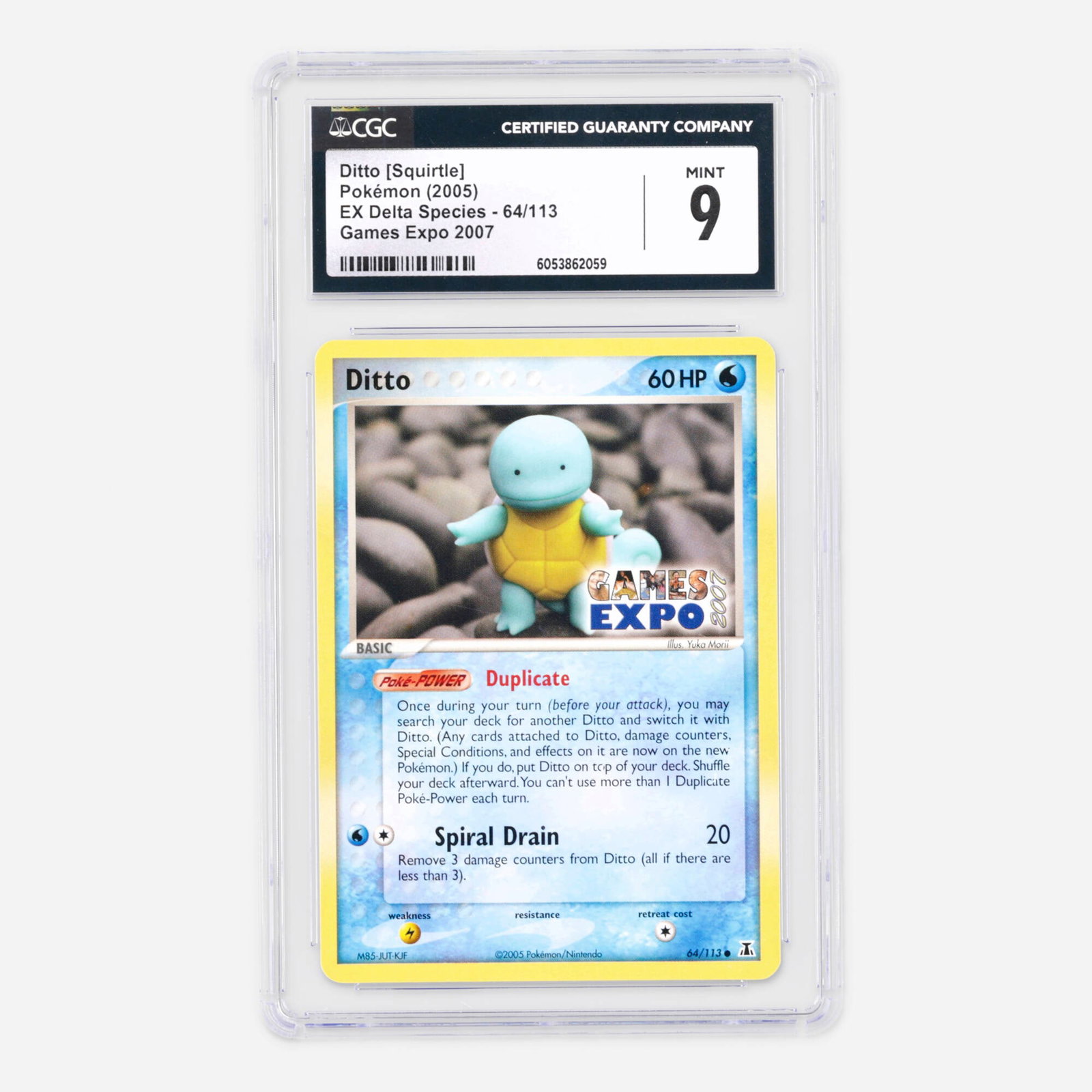 2005 Pokemon EX Delta Species 64/113 Ditto [Squirtle] Games Expo 2007 Trading Card CGC 9: 2005 Pokemon EX Delta Species 64/113 Ditto [Squirtle] Games Expo 2007 Trading Card CGC 9 USA, 2005 CGC#: 6053862059 Population: 41 In 9, 3 Higher