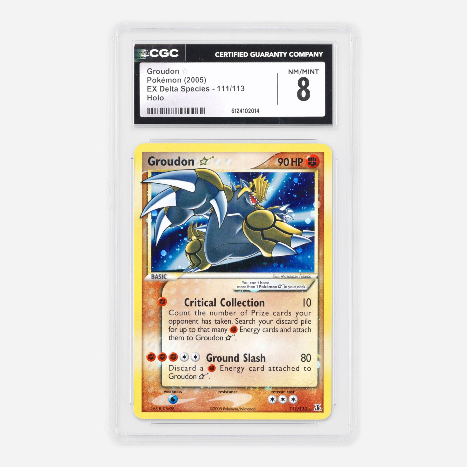 2005 Pokemon EX Delta Species 111/113 Groudon ? Gold Star Holo Trading Card CGC 8: 2005 Pokemon EX Delta Species 111/113 Groudon ? Gold Star Holo Trading Card CGC 8 USA, 2005 CGC#: 6124102014 Population: 14 In 8, 74 Higher