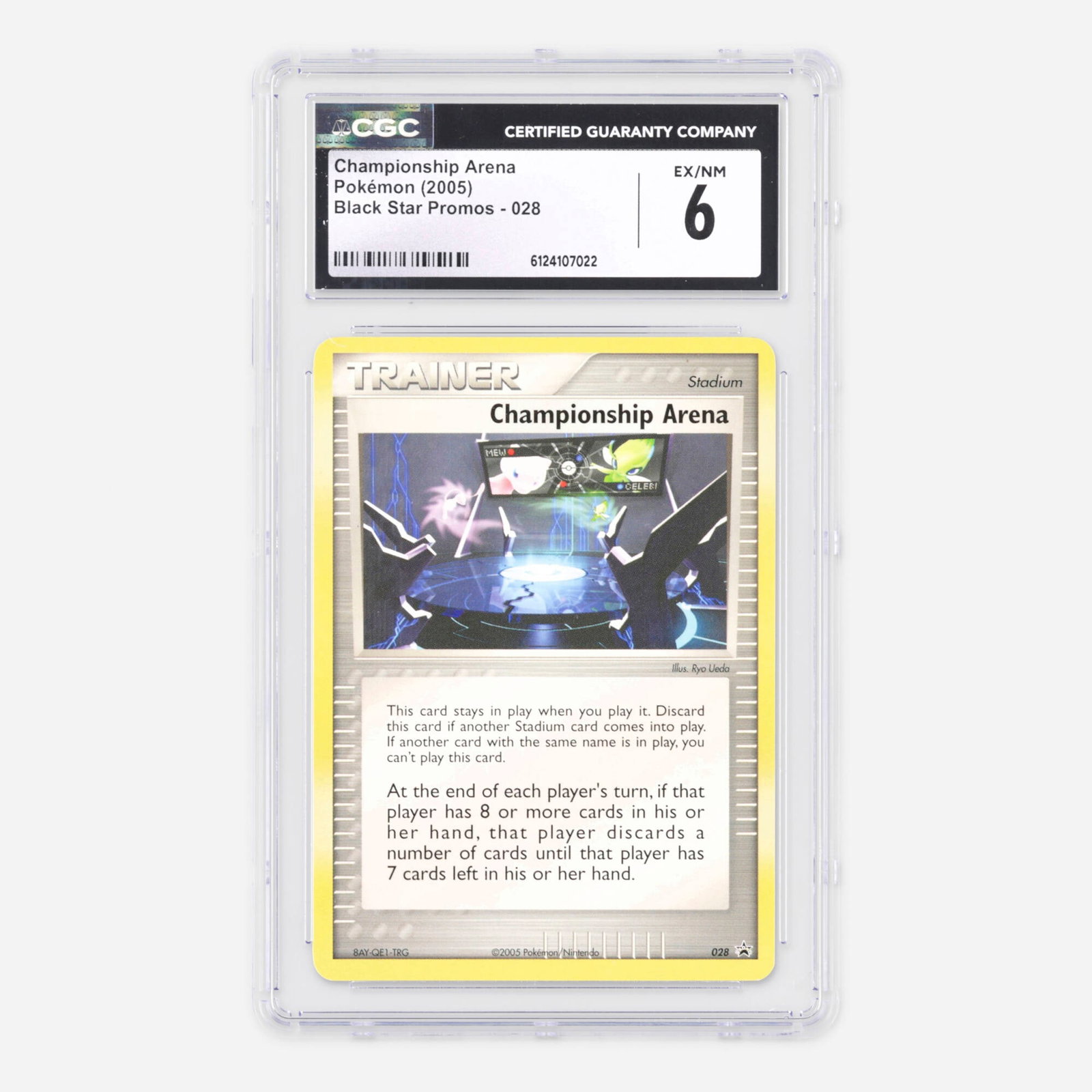 2005 Pokemon Black Star Promos 028 Championship Arena Trading Card CGC 6: 2005 Pokemon Black Star Promos 028 Championship Arena Trading Card CGC 6 USA, 2005 CGC#: 6124107022 Population: 2 In 6, 39 Higher