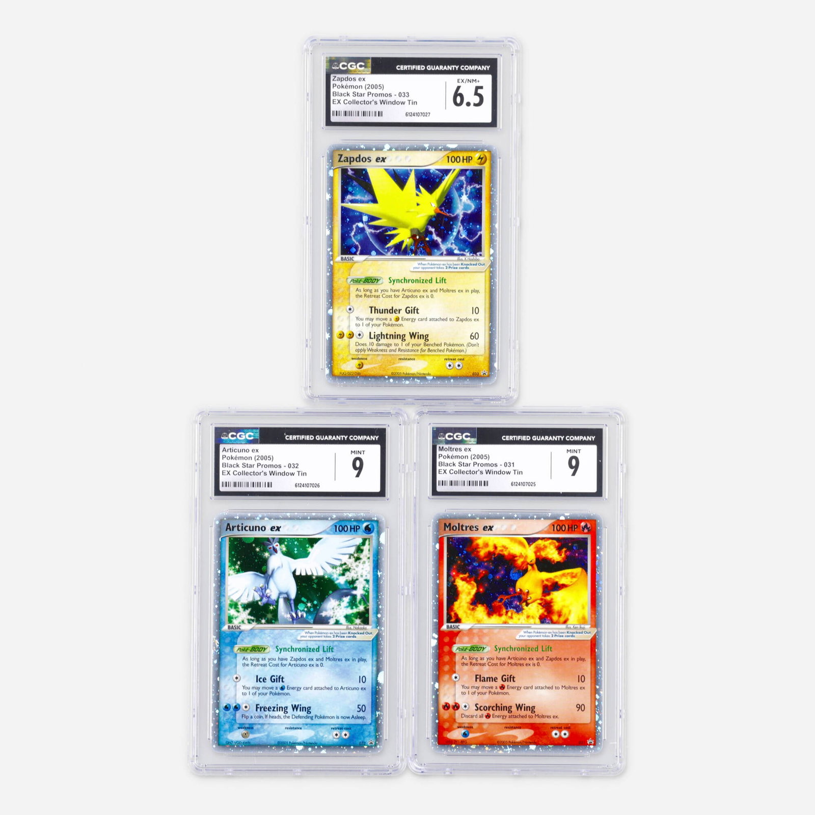 Three 2005 Pokemon Black Star Promos ex EX Collector's Window Tin Holo CGC Trading Card Group: Three 2005 Pokemon Black Star Promos ex EX Collector's Window Tin Holo CGC Trading Card Group USA, 2005 2005 Pokemon Black Star Promos 031 Moltres ex EX Collector's Window Tin Holo Trading Card C