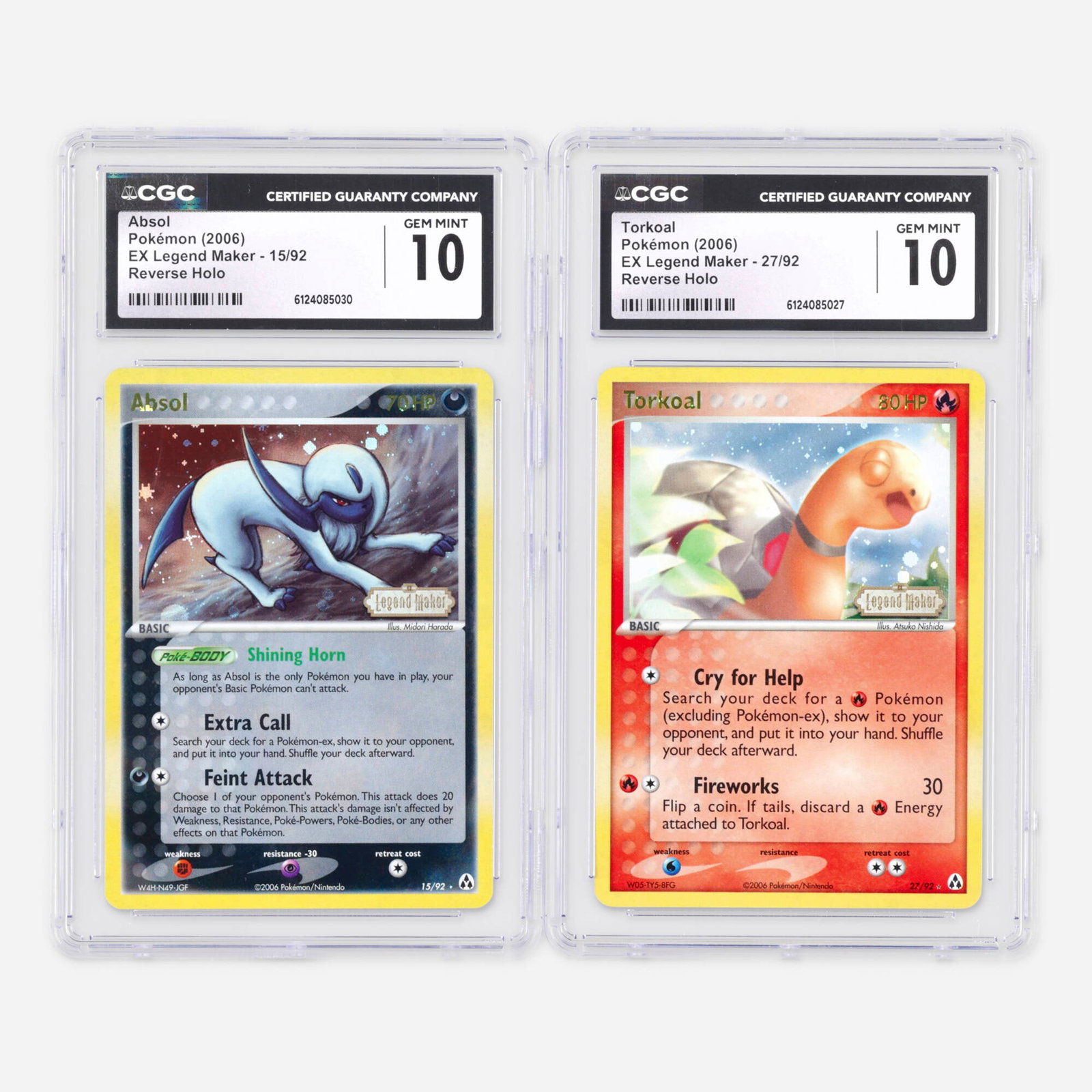 Two 2006 Pokemon EX Legend Maker 15/92 Absol and 27/92 Torkoal Reverse Holo CGC 10: Two 2006 Pokemon EX Legend Maker 15/92 Absol and 27/92 Torkoal Reverse Holo CGC 10 Trading Card Group USA, 2006 2006 Pokemon EX Legend Maker 15/92 Absol Reverse Holo Trading Card CGC 10 CGC#: <