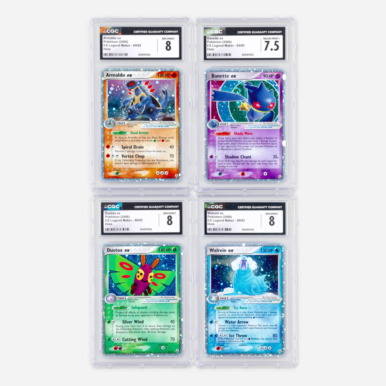 Four 2006 Pokemon EX Legend Maker ex Holo CGC Trading Card Group: Four 2006 Pokemon EX Legend Maker ex Holo CGC Trading Card Group USA, 2006 2006 Pokemon EX Legend Maker 84/92 Armaldo ex Holo Trading Card CGC 8 CGC#: 6124107034 Population: