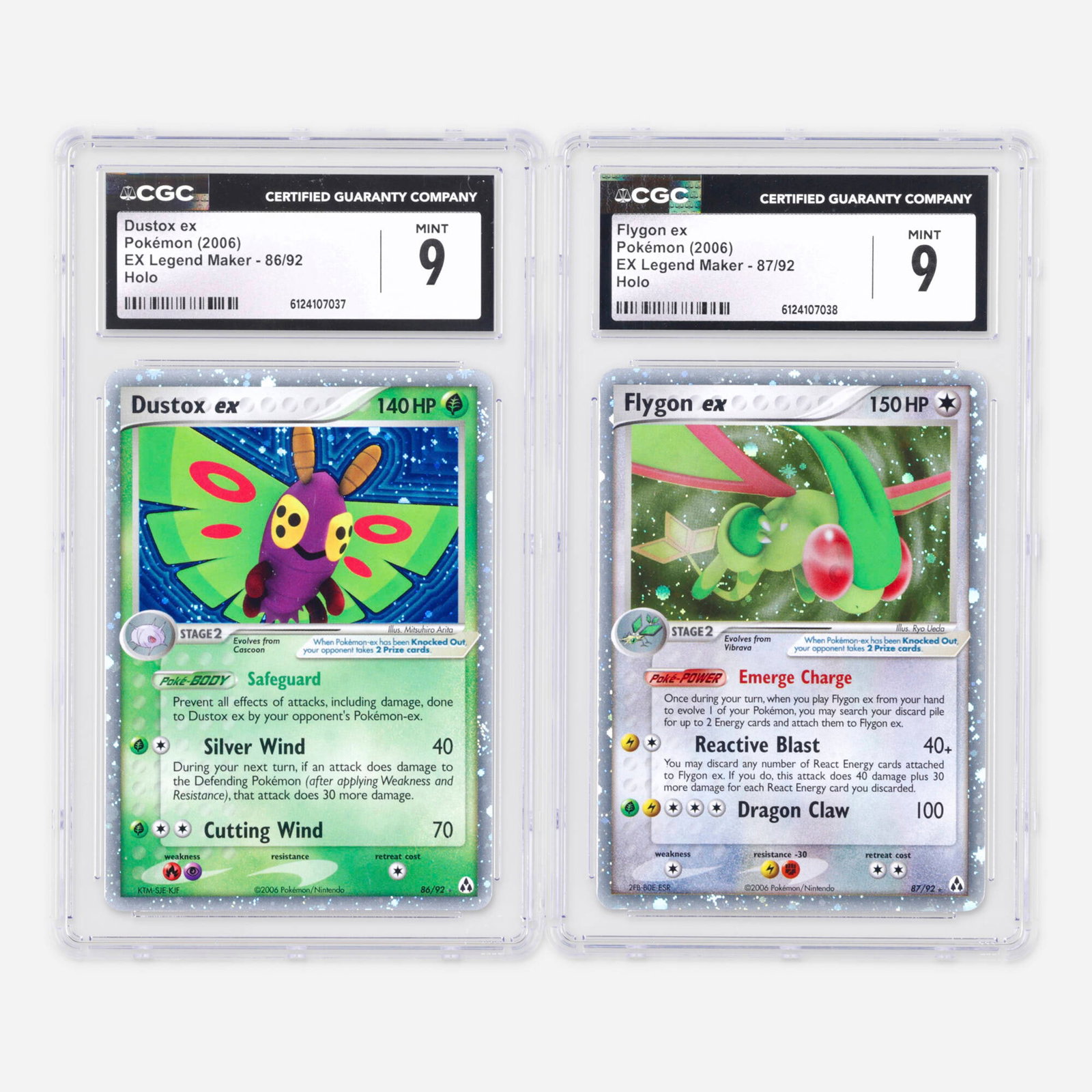 Two 2006 Pokemon EX Legend Maker 86/92 Dustox ex and 87/92 Flygon ex Holo CGC 9 Trading Card Group: Two 2006 Pokemon EX Legend Maker 86/92 Dustox ex and 87/92 Flygon ex Holo CGC 9 Trading Card Group USA, 2006 2006 Pokemon EX Legend Maker 86/92 Dustox ex Holo Trading Card CGC 9 CGC#:
