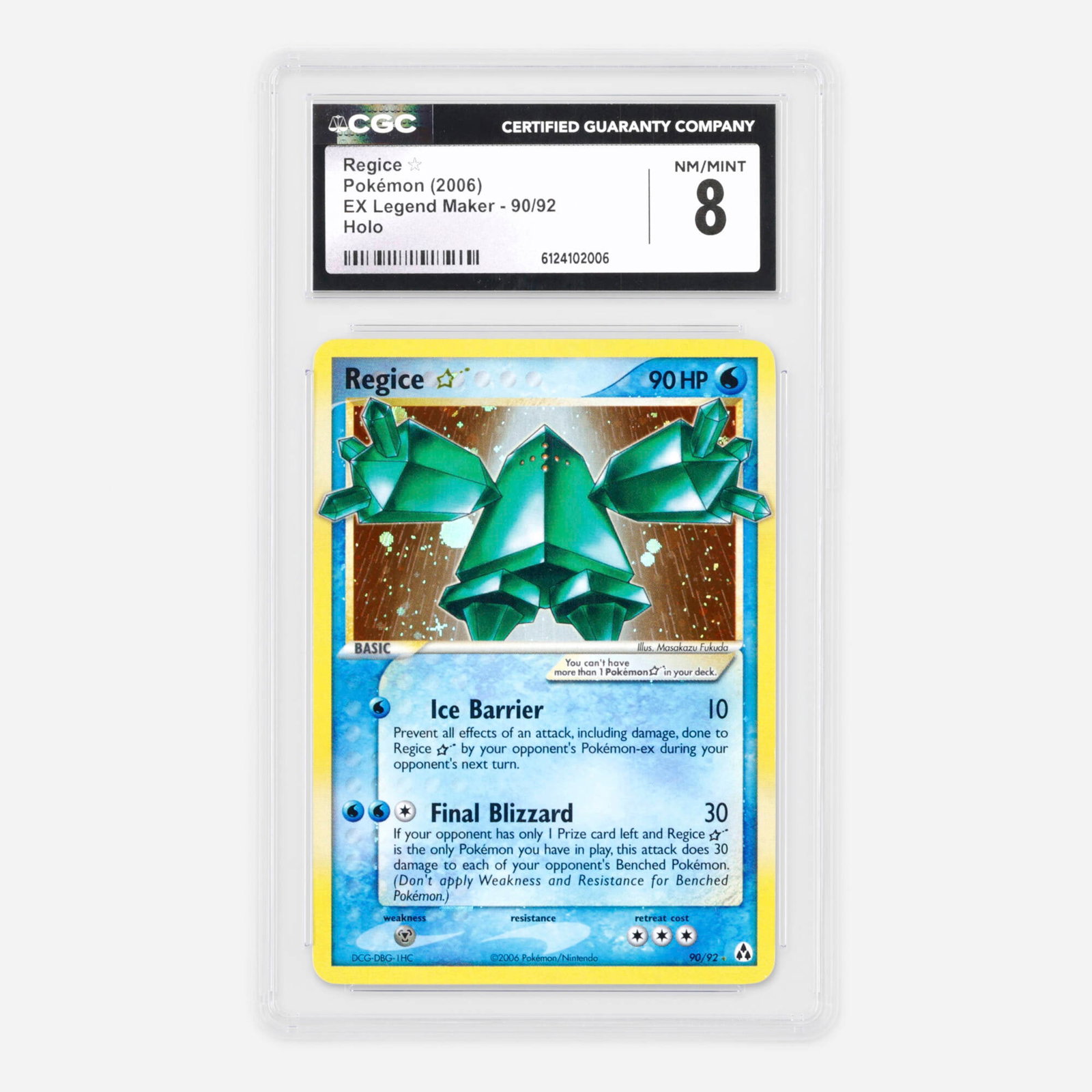 2006 Pokemon EX Legend Maker 90/92 Regice ? Gold Star Holo Trading Card CGC 8: 2006 Pokemon EX Legend Maker 90/92 Regice ? Gold Star Holo Trading Card CGC 8 USA, 2006 CGC#: 6124102006 Population: 20 In 8, 52 Higher