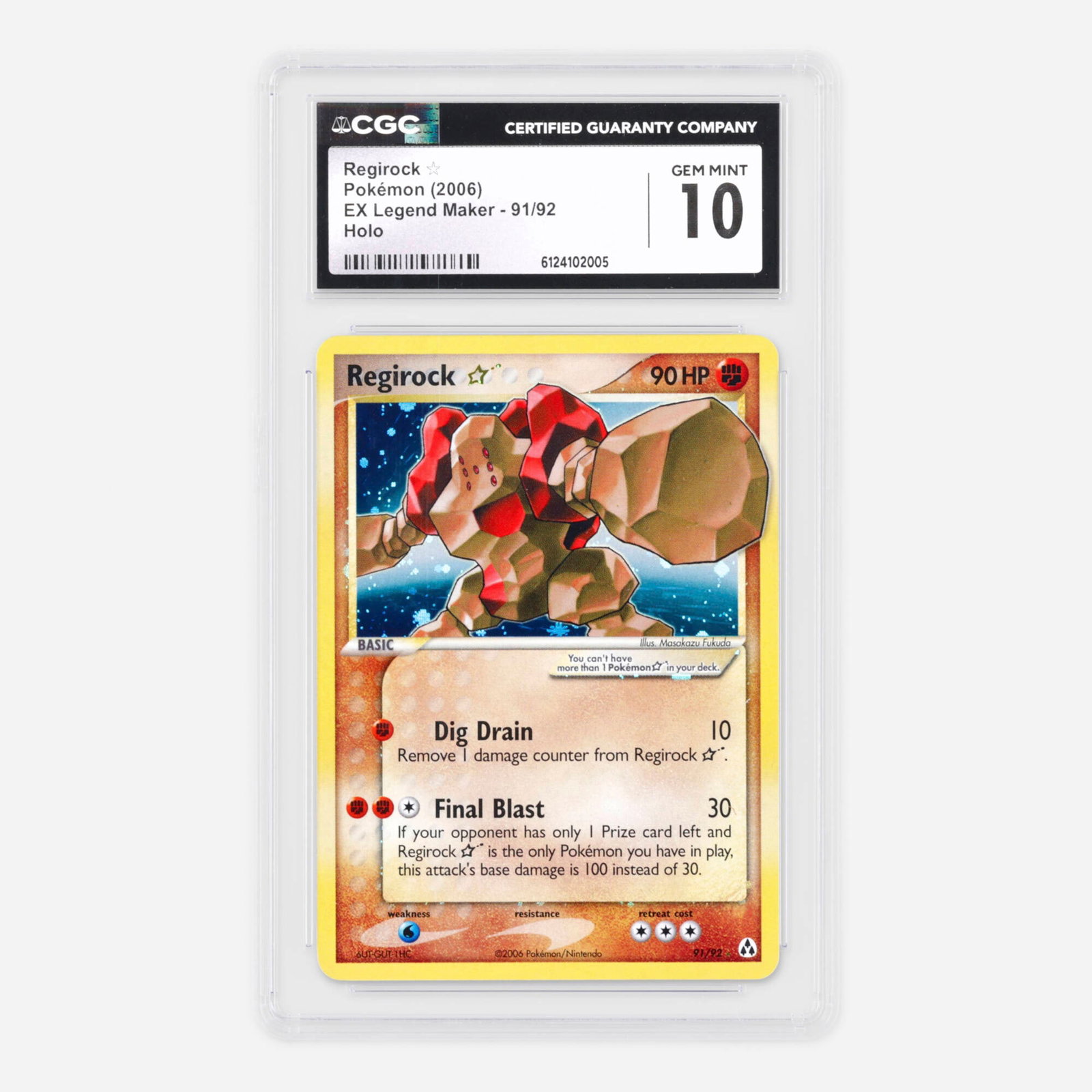 2006 Pokemon EX Legend Maker 91/92 Regirock ? Gold Star Holo Trading Card CGC 10: 2006 Pokemon EX Legend Maker 91/92 Regirock ? Gold Star Holo Trading Card CGC 10 USA, 2006 CGC#: 6124102005 Population: 16 In 10 Gem Mint, 1 Higher