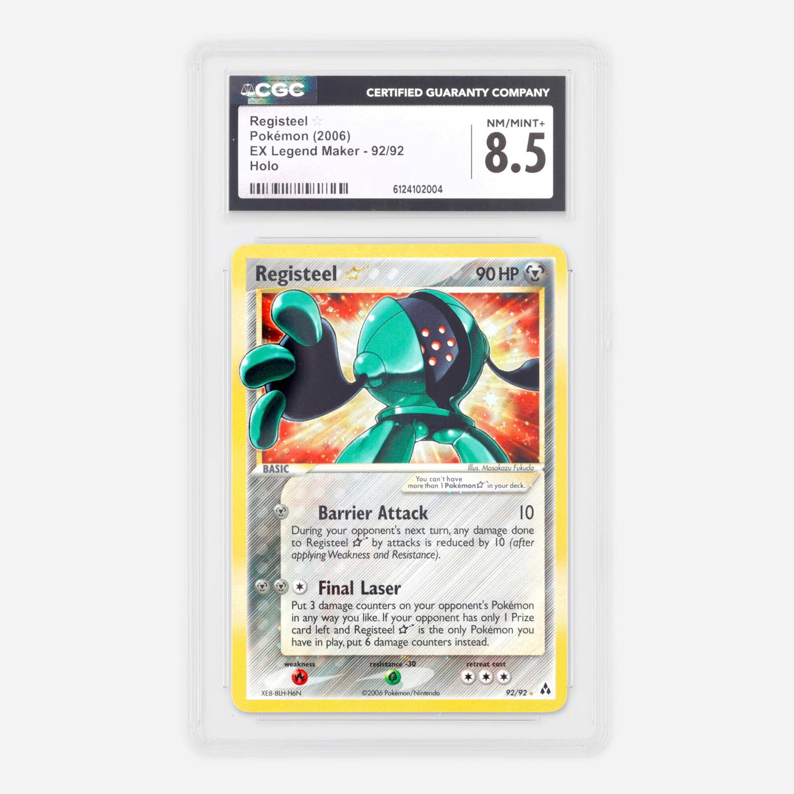 2006 Pokemon EX Legend Maker 92/92 Registeel ? Gold Star Holo Trading Card CGC 8.5: 2006 Pokemon EX Legend Maker 92/92 Registeel ? Gold Star Holo Trading Card CGC 8.5 USA, 2006 CGC#: 6124102004 Population: 20 In 8.5, 53 Higher