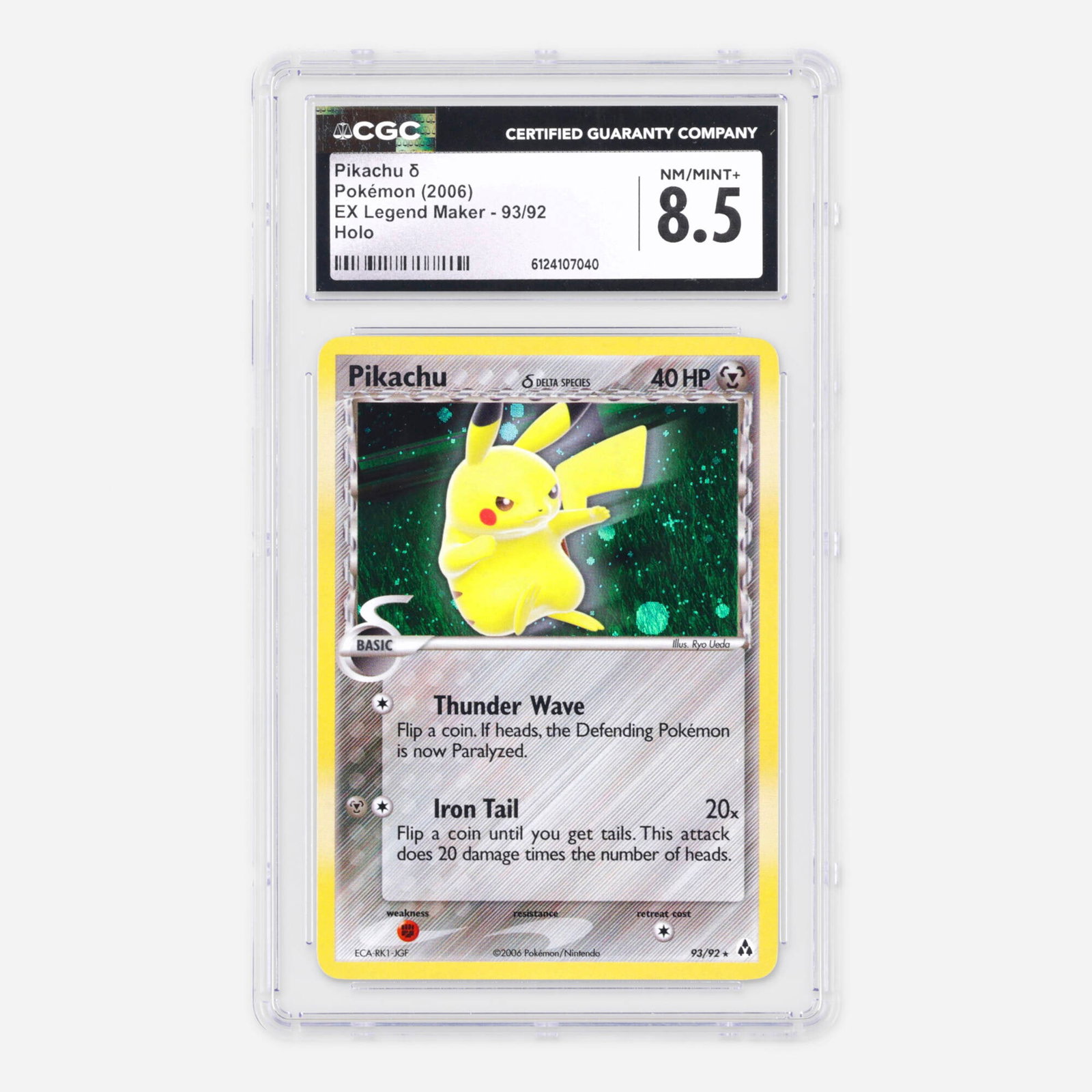 2006 Pokemon EX Legend Maker 93/92 Pikachu ? Holo Trading Card CGC 8.5: 2006 Pokemon EX Legend Maker 93/92 Pikachu ? Holo Trading Card CGC 8.5 USA, 2006 CGC#: 6124107040 Population: 59 In 8.5, 78 Higher