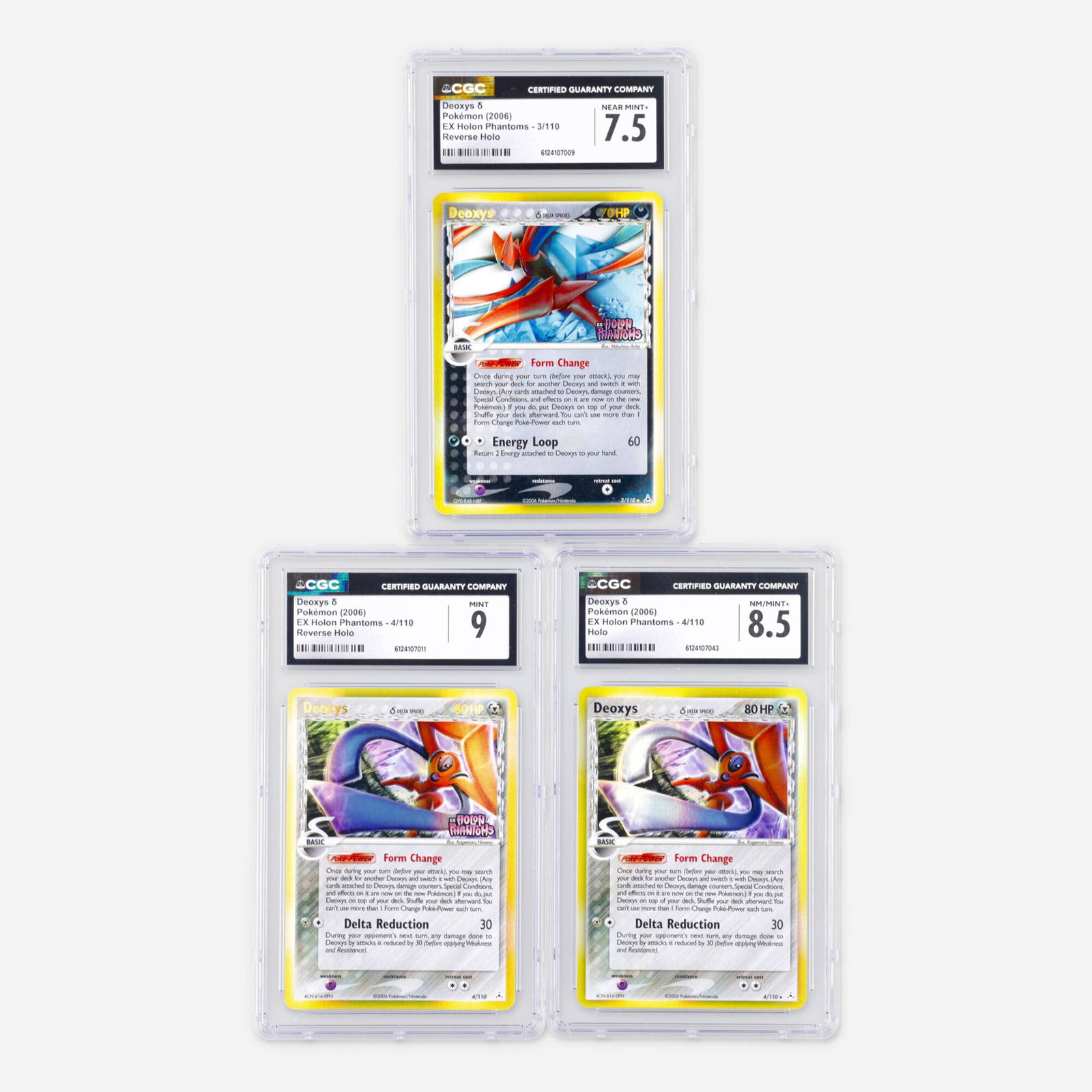 Three 2006 Pokemon EX Holon Phantoms 3/110 and 4/100 Deoxys ? Holo and Reverse Holo CGC (1 of 2)