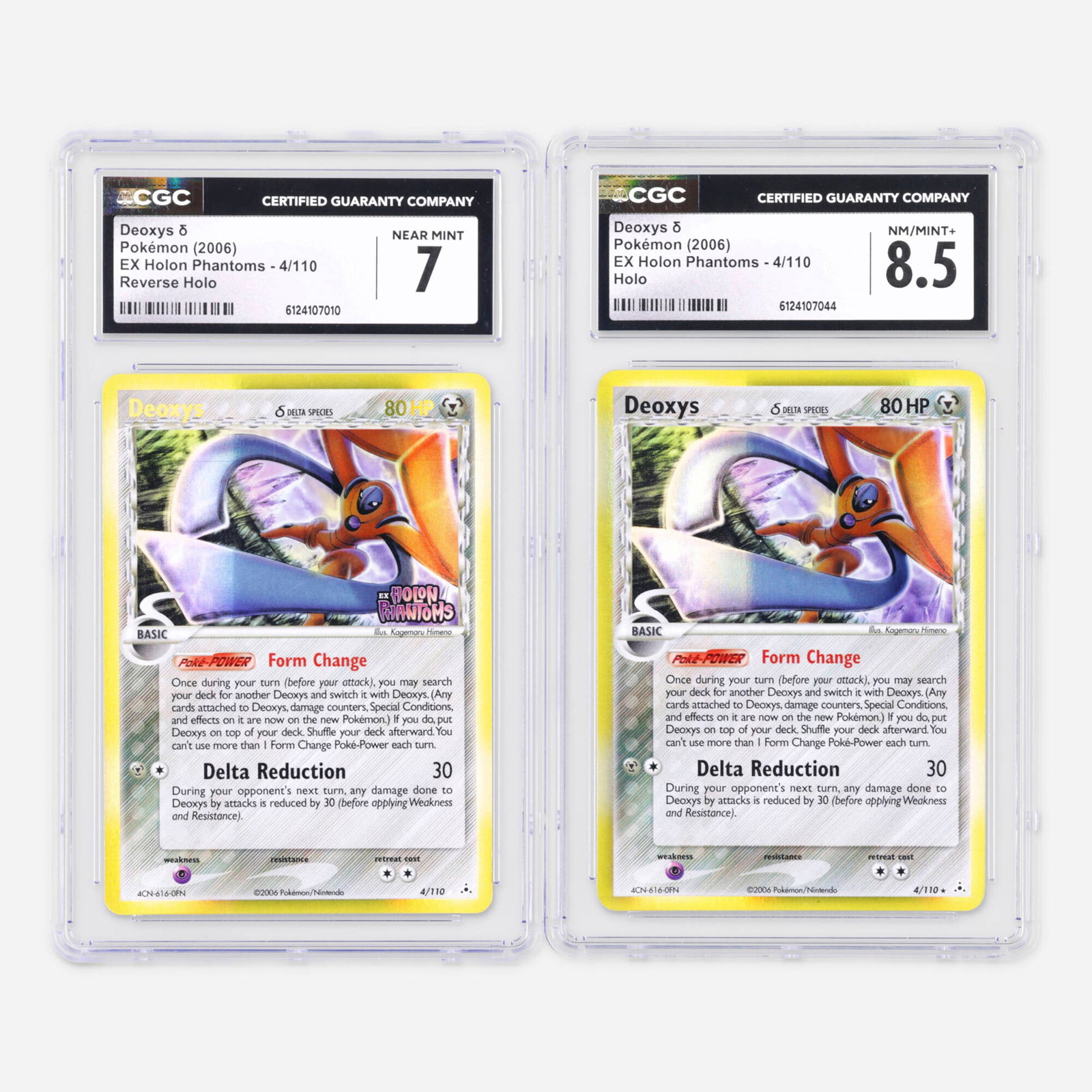 Two 2006 Pokemon EX Holon Phantoms 4/110 Deoxys ? Holo and Reverse Holo CGC Trading Card Group: Two 2006 Pokemon EX Holon Phantoms 4/110 Deoxys ? Holo and Reverse Holo CGC Trading Card Group USA, 2006 2006 Pokemon EX Holon Phantoms 4/110 Deoxys ? Holo Trading Card CGC 8.5 CGC#: 6