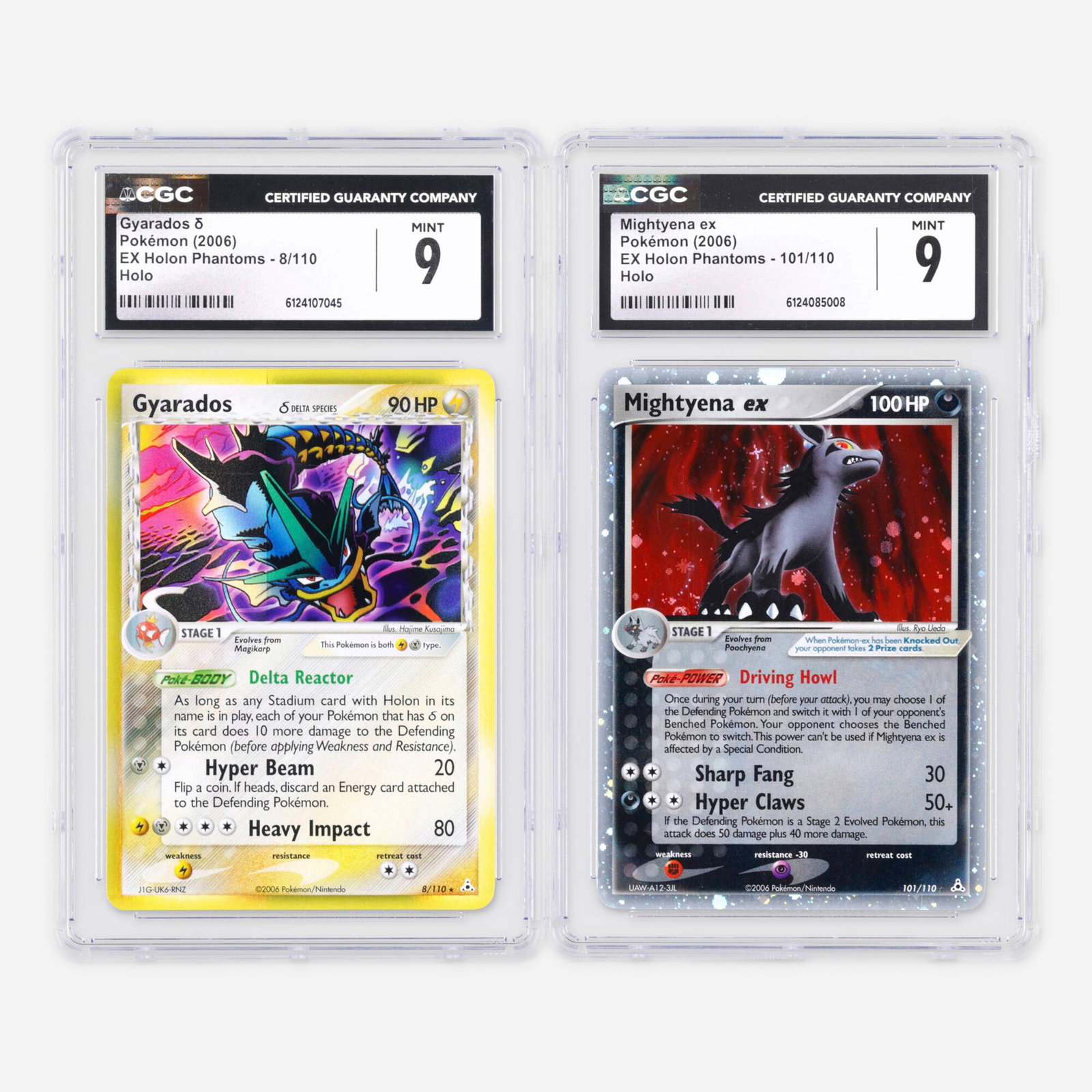Two 2006 Pokemon EX Holon Phantoms 8/110 Gyarados ? and 101/110 Mightyena ex Holo CGC 9: Two 2006 Pokemon EX Holon Phantoms 8/110 Gyarados ? and 101/110 Mightyena ex Holo CGC 9 Trading Card Group USA, 2006 2006 Pokemon EX Holon Phantoms 8/110 Gyarados ? Holo Trading Card CGC 9 CGC#