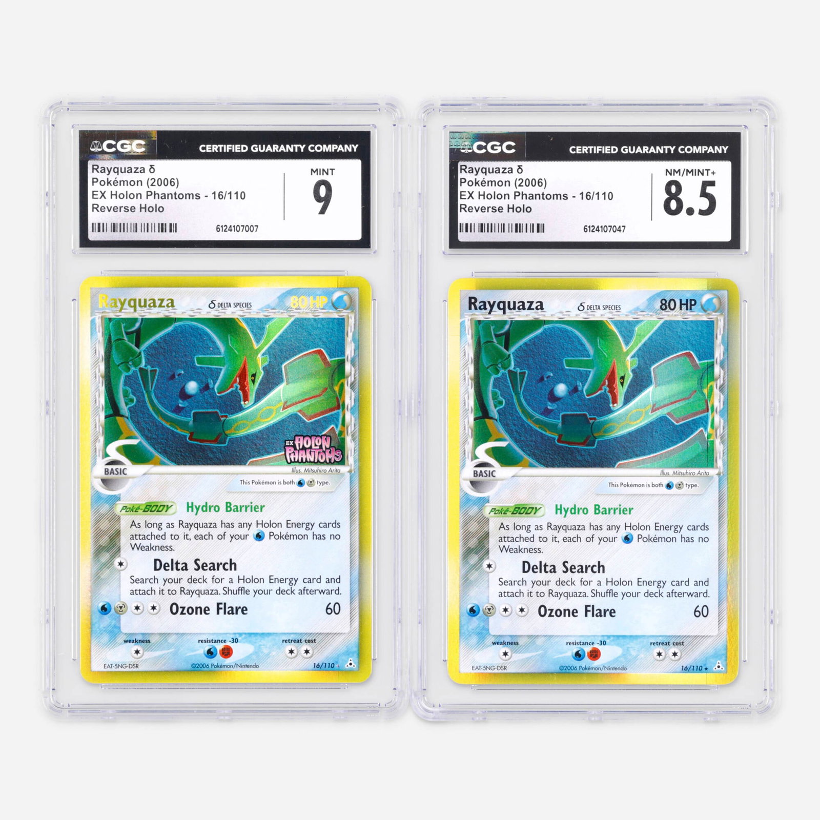 Two 2006 Pokemon EX Holon Phantoms 16/110 Rayquaza ? Holo and Reverse Holo CGC Trading Card Group: Two 2006 Pokemon EX Holon Phantoms 16/110 Rayquaza ? Holo and Reverse Holo CGC Trading Card Group USA, 2006 2006 Pokemon EX Holon Phantoms 16/110 Rayquaza ? Reverse Holo Trading Card CGC 9 CGC#