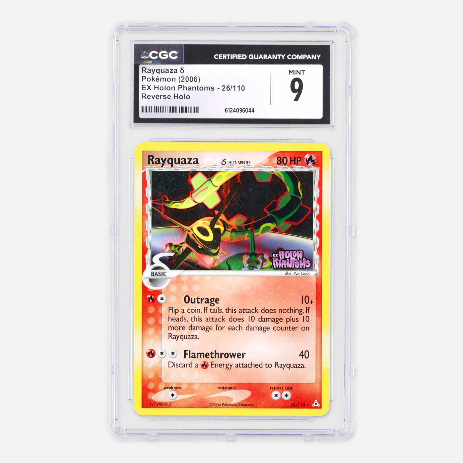 2006 Pokemon EX Holon Phantoms 26/110 Rayquaza ? Reverse Holo Trading Card CGC 9: 2006 Pokemon EX Holon Phantoms 26/110 Rayquaza ? Reverse Holo Trading Card CGC 9 USA, 2006 CGC#: 6124096044 Population: 22 In 9, 17 Higher