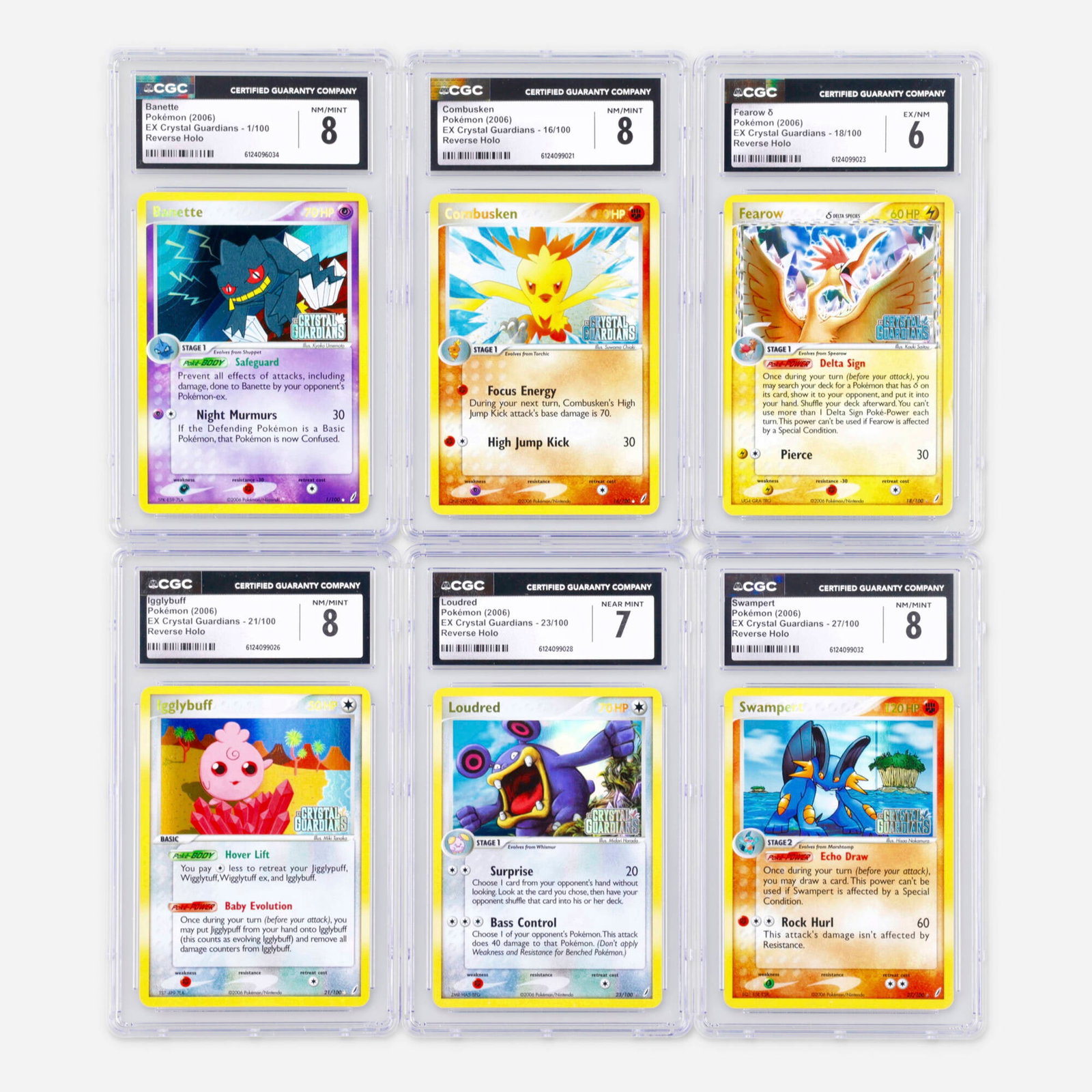 Six 2006 Pokemon EX Crystal Guardians Reverse Holo CGC Trading Card Group: Six 2006 Pokemon EX Crystal Guardians Reverse Holo CGC Trading Card Group USA, 2006 2006 Pokemon EX Crystal Guardians 1/100 Banette Reverse Holo Trading Card CGC 8 CGC#: 6124096034