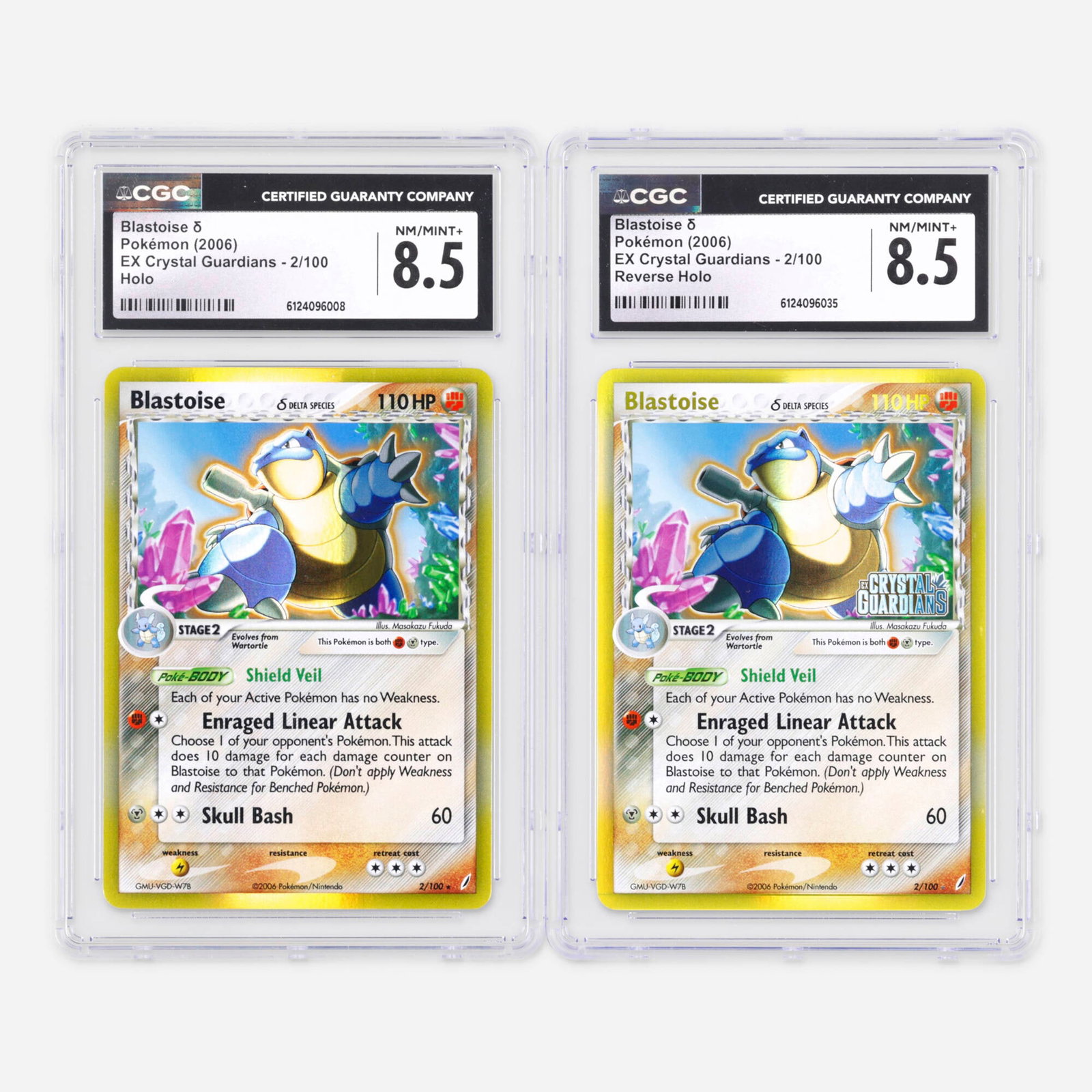 Two 2006 Pokemon EX Crystal Guardians 2/100 Blastoise ? Holo and Reverse Holo CGC 8.5: Two 2006 Pokemon EX Crystal Guardians 2/100 Blastoise ? Holo and Reverse Holo CGC 8.5 Trading Card Group USA, 2006 2006 Pokemon EX Crystal Guardians 2/100 Blastoise ? Holo Trading Card CGC 8.5