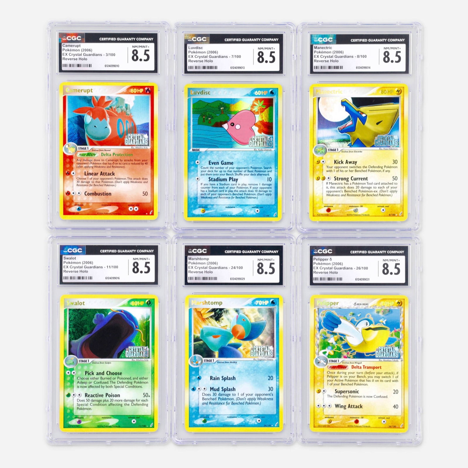 Six 2006 Pokemon EX Crystal Guardians Reverse Holo CGC 8.5 Trading Card Group: Six 2006 Pokemon EX Crystal Guardians Reverse Holo CGC 8.5 Trading Card Group USA, 2006 2006 Pokemon EX Crystal Guardians 3/100 Camerupt Reverse Holo Trading Card CGC 8.5 CGC#: 6124099