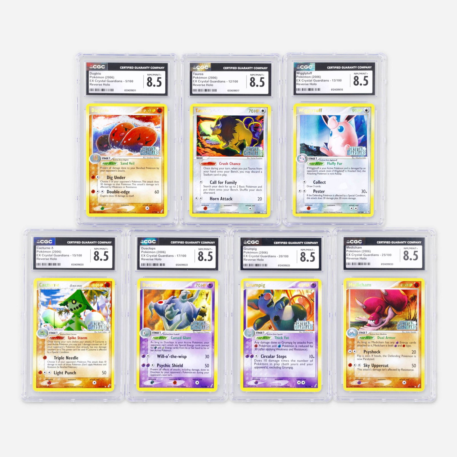 Seven 2006 Pokemon EX Crystal Guardians Reverse Holo CGC 8.5 Trading Card Group: Seven 2006 Pokemon EX Crystal Guardians Reverse Holo CGC 8.5 Trading Card Group USA, 2006 2006 Pokemon EX Crystal Guardians 5/100 Dugtrio Reverse Holo Trading Card CGC 8.5 CGC#: 612409