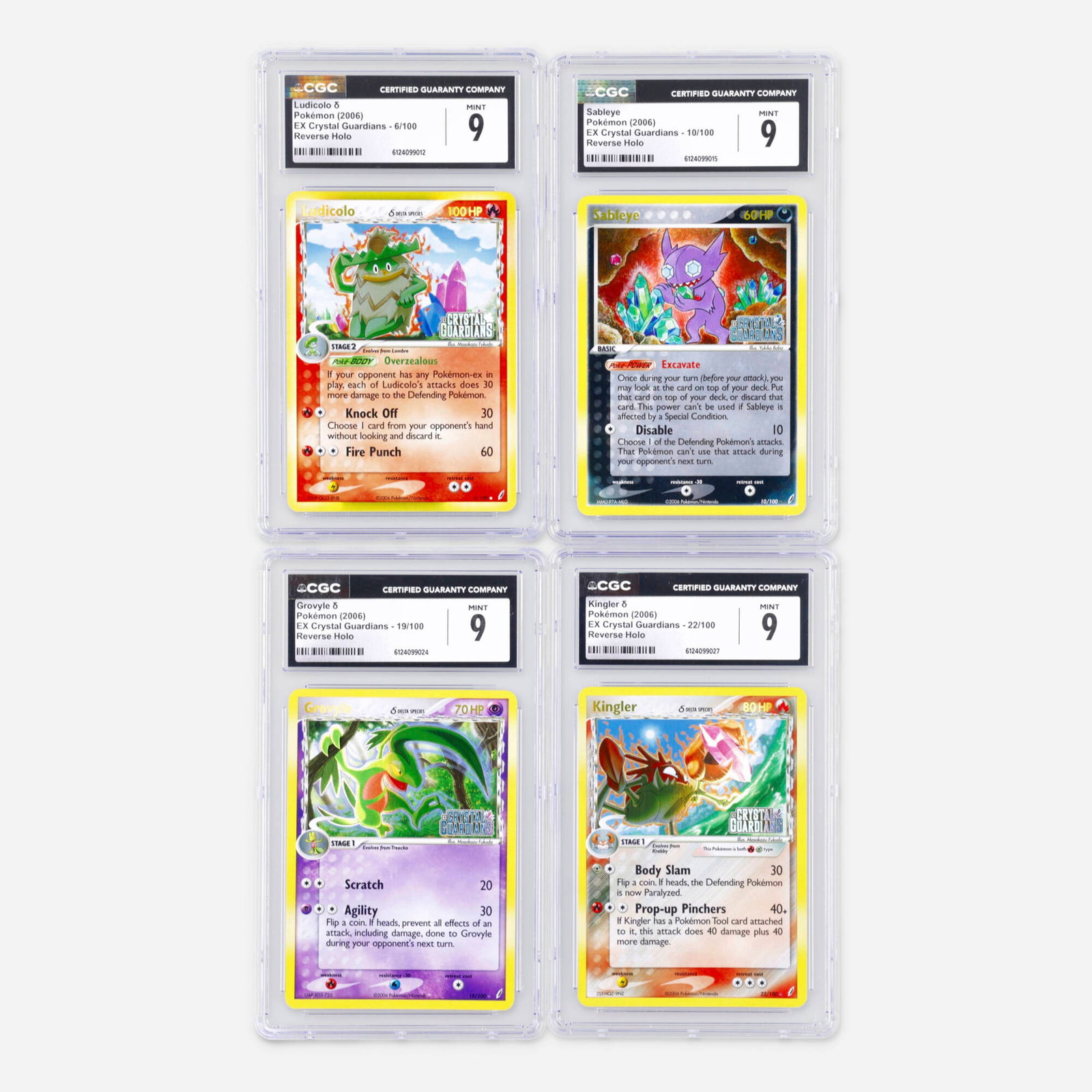Four 2006 Pokemon EX Crystal Guardians Reverse Holo CGC 9 Trading Card Group: Four 2006 Pokemon EX Crystal Guardians Reverse Holo CGC 9 Trading Card Group USA, 2006 2006 Pokemon EX Crystal Guardians 6/100 Ludicolo ? Reverse Holo Trading Card CGC 9 CGC#: 61240990