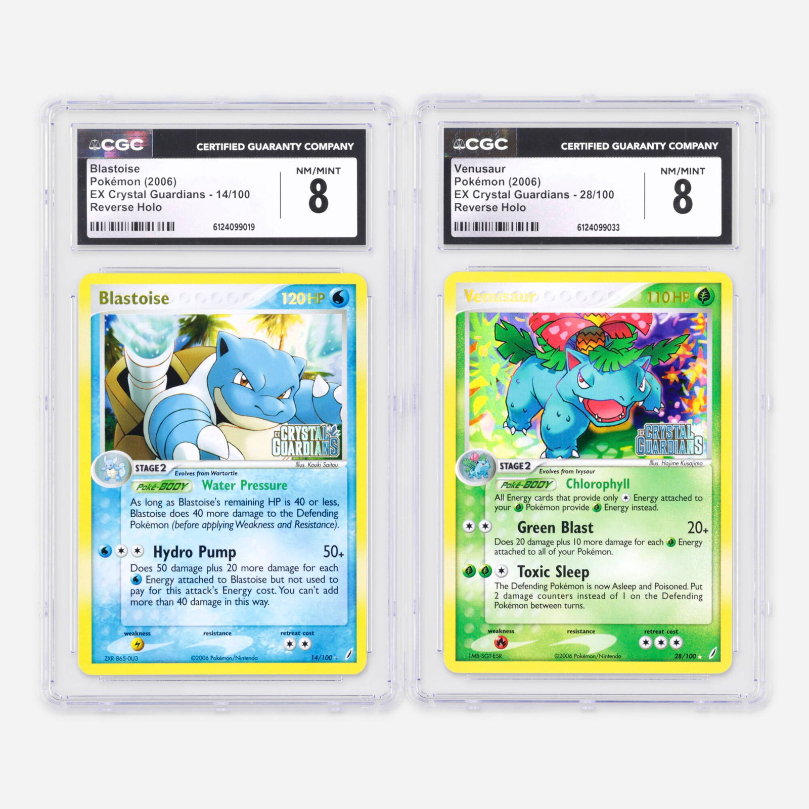 Two 2006 Pokemon EX Crystal Guardians 14/100 Blastoise and 28/100 Venusaur Reverse Holo CGC 8 (1 of 2)