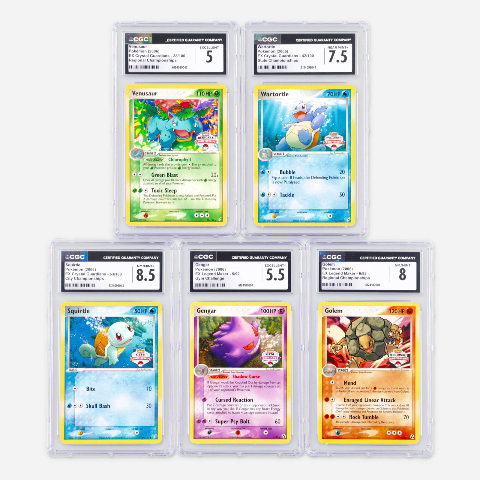 Five 2006 Pokemon EX Crystal Guardians and EX Legend Maker Championships and Gym Challenge CGC: Five 2006 Pokemon EX Crystal Guardians and EX Legend Maker Championships and Gym Challenge CGC Trading Card Group USA, 2006 2006 Pokemon EX Crystal Guardians 28/100 Venusaur Regional Championships Tra