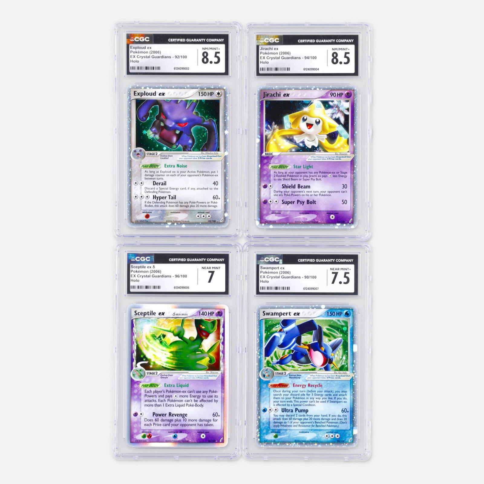Four 2006 Pokemon EX Crystal Guardians ex Holo CGC Trading Card Group: Four 2006 Pokemon EX Crystal Guardians ex Holo CGC Trading Card Group USA, 2006 2006 Pokemon EX Crystal Guardians 92/100 Exploud ex Holo Trading Card CGC 8.5 CGC#: 6124099002