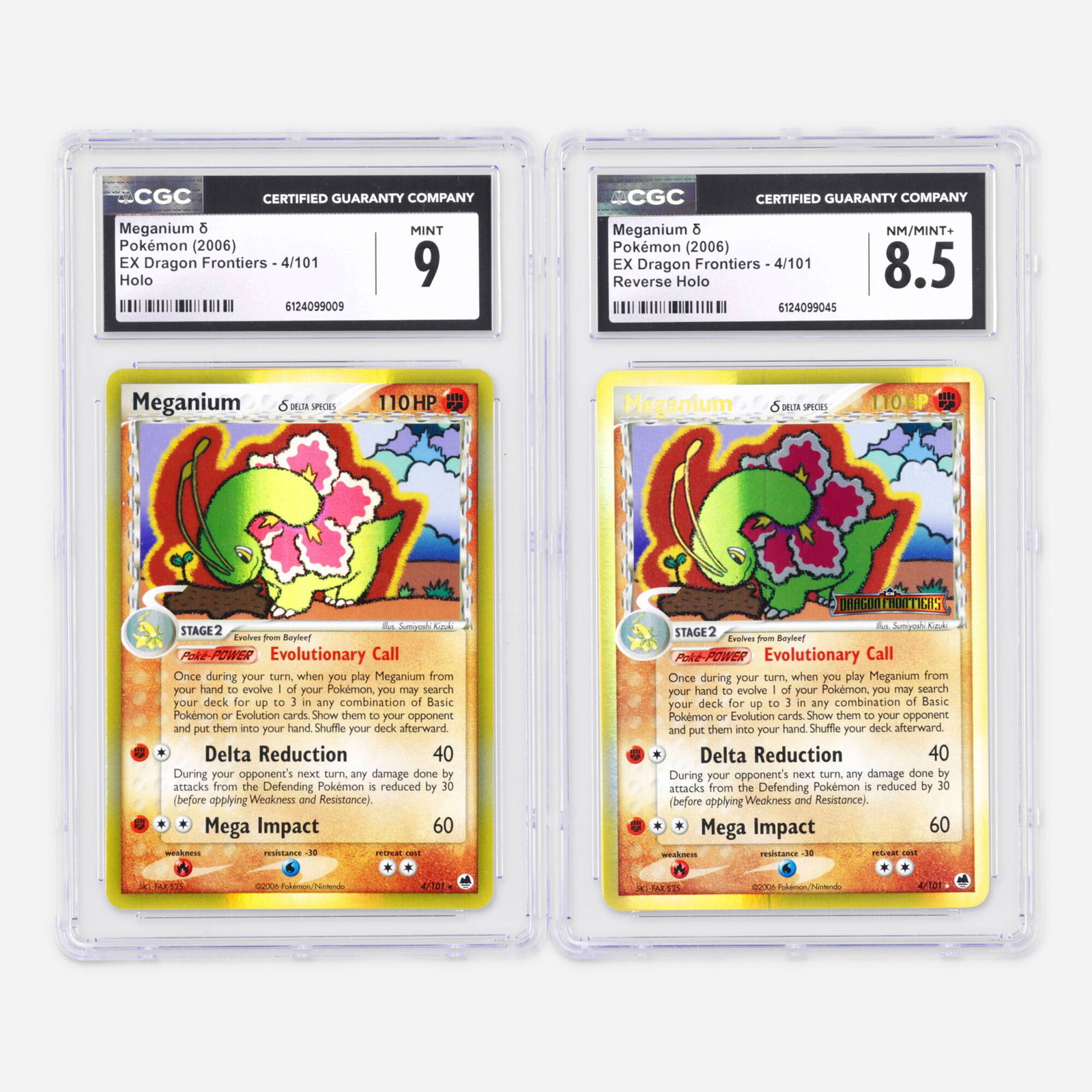 Two 2006 Pokemon EX Dragon Frontiers 4/101 Meganium ? Holo and Reverse Holo CGC Trading Card Group: Two 2006 Pokemon EX Dragon Frontiers 4/101 Meganium ? Holo and Reverse Holo CGC Trading Card Group USA, 2006 2006 Pokemon EX Dragon Frontiers 4/101 Meganium ? Holo Trading Card CGC 9 CGC#: