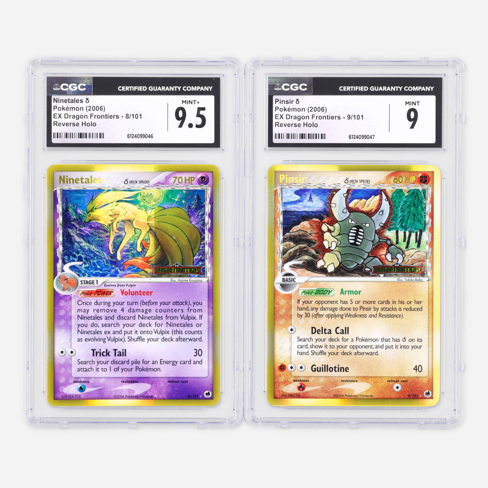Two 2006 Pokemon EX Dragon Frontiers 8/101 Ninetales ? and 9/101 Pinsir ? Reverse Holo CGC: Two 2006 Pokemon EX Dragon Frontiers 8/101 Ninetales ? and 9/101 Pinsir ? Reverse Holo CGC Trading Card Group USA, 2006 2006 Pokemon EX Dragon Frontiers 8/101 Ninetales ? Reverse Holo Trading Card CGC