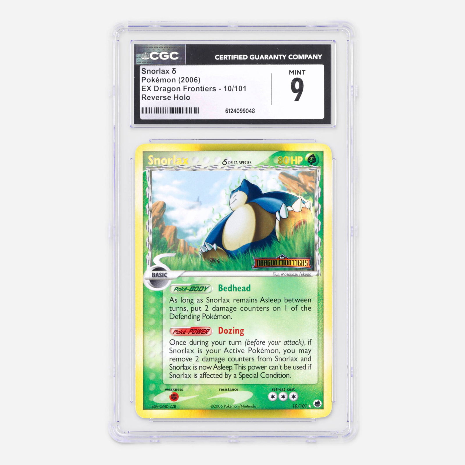 2006 Pokemon EX Dragon Frontiers 10/101 Snorlax ? Reverse Holo Trading Card CGC 9: 2006 Pokemon EX Dragon Frontiers 10/101 Snorlax ? Reverse Holo Trading Card CGC 9 USA, 2006 CGC#: 6124099048 Population: 23 In 9, 15 Higher