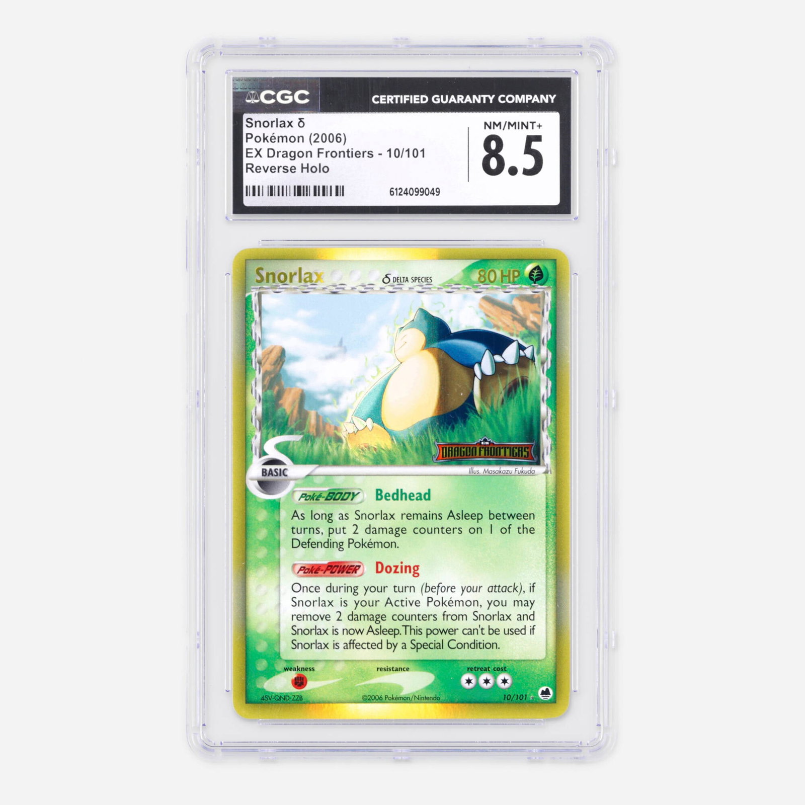 2006 Pokemon EX Dragon Frontiers 10/101 Snorlax ? Reverse Holo Trading Card CGC 8.5: 2006 Pokemon EX Dragon Frontiers 10/101 Snorlax ? Reverse Holo Trading Card CGC 8.5 USA, 2006 CGC#: 6124099049 Population: 38 In 8.5, 40 Higher