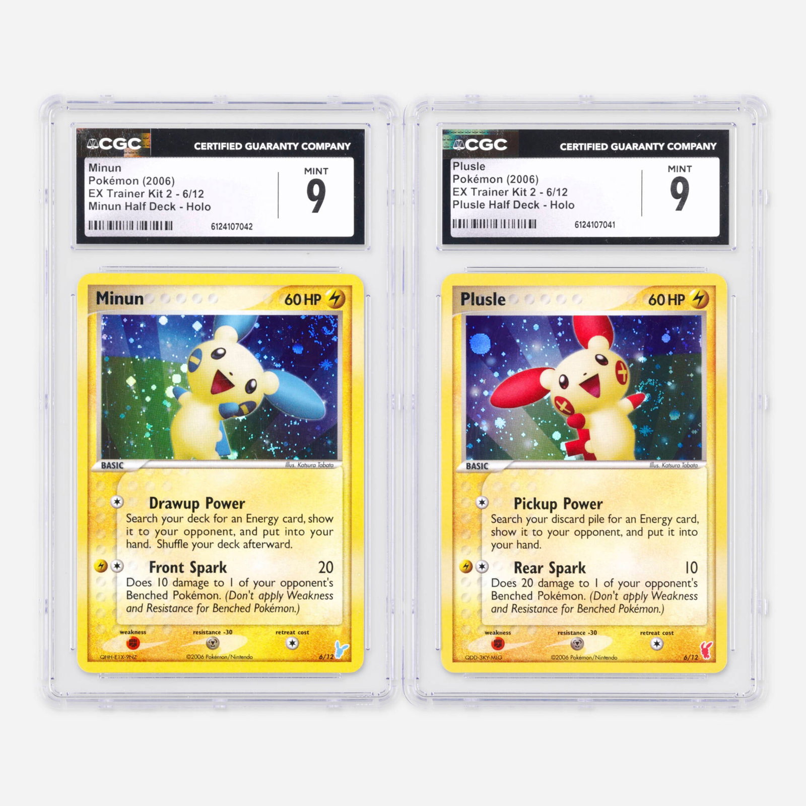 Two 2006 Pokemon EX Trainer Kit 2 6/12 Minun and Plusle Half Deck Holo CGC 9 Trading Card Group: Two 2006 Pokemon EX Trainer Kit 2 6/12 Minun and Plusle Half Deck Holo CGC 9 Trading Card Group USA, 2006 2006 Pokemon EX Trainer Kit 2 6/12 Minun Minun Half Deck Holo Trading Card CGC 9 CGC#:
