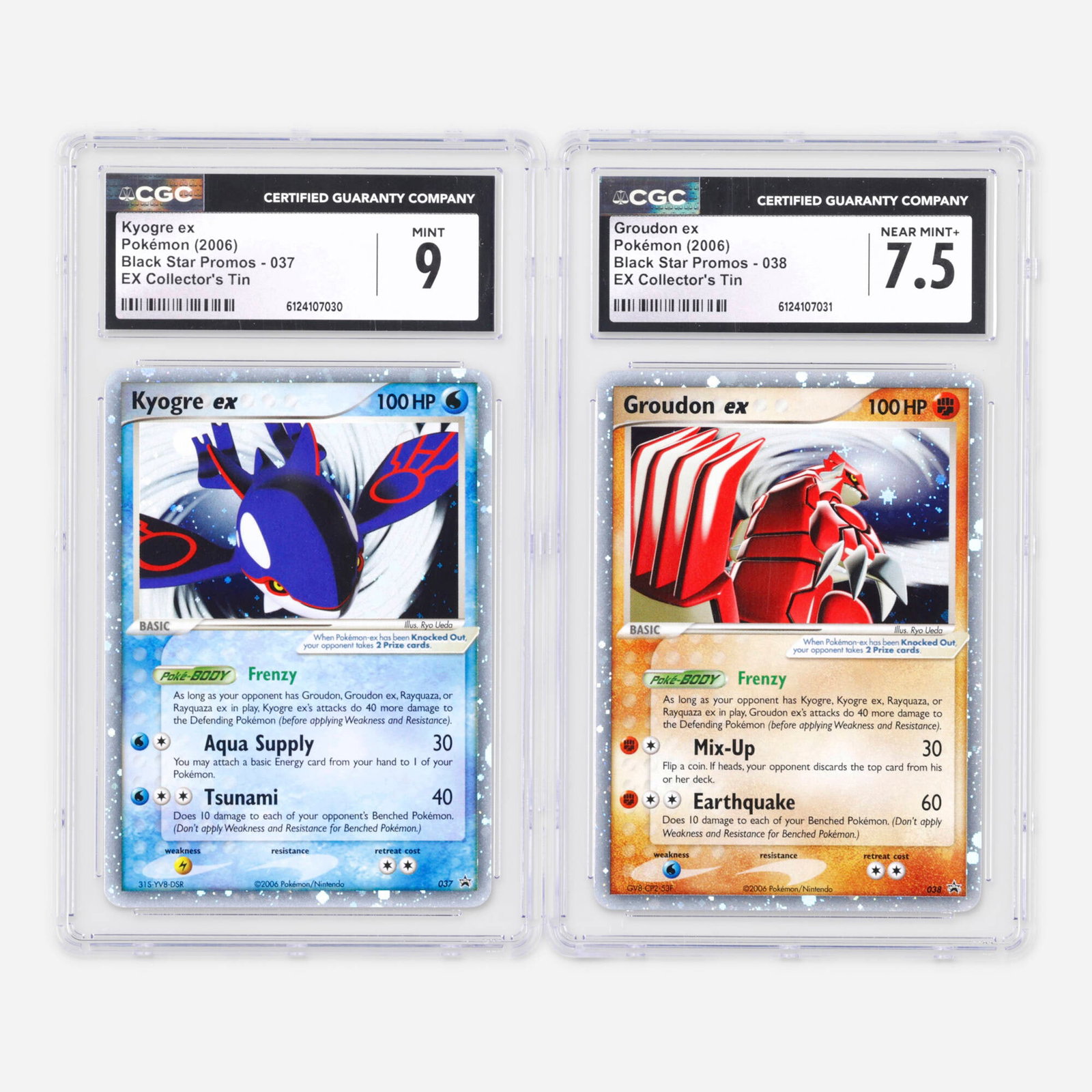 Two 2006 Pokemon Black Star Promos 037 Kyogre ex and 038 Groudon ex EX Collector's Tin Holo CGC: Two 2006 Pokemon Black Star Promos 037 Kyogre ex and 038 Groudon ex EX Collector's Tin Holo CGC Trading Card Group USA, 2006 2006 Pokemon Black Star Promos 037 Kyogre ex EX Collector's Tin Holo T