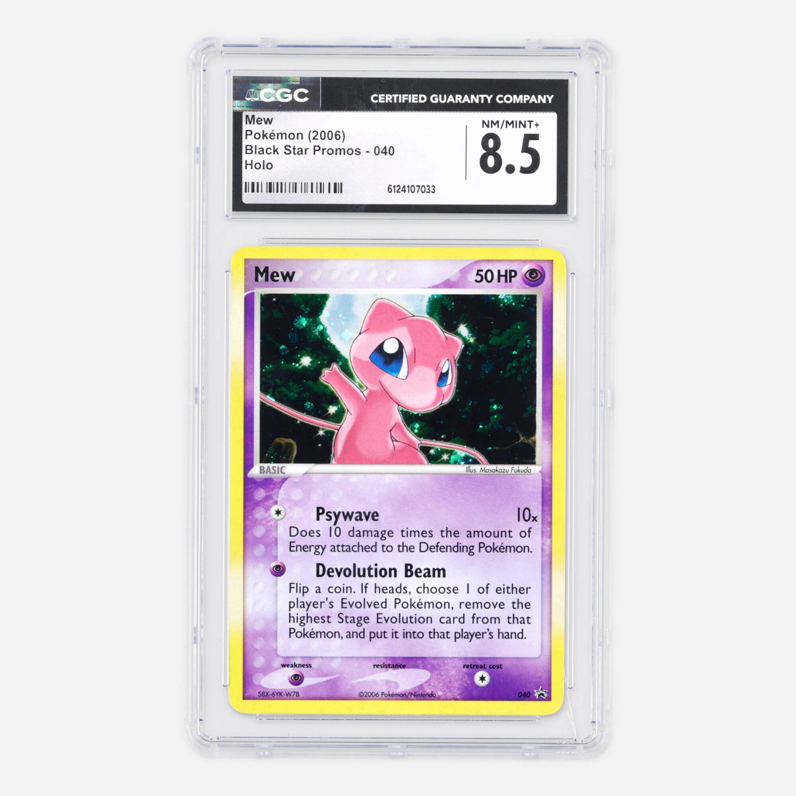 2006 Pokemon Black Star Promos 040 Mew Holo Trading Card CGC 8.5: 2006 Pokemon Black Star Promos 040 Mew Holo Trading Card CGC 8.5 USA, 2006 CGC#: 6124107033 Population: 38 In 8.5, 21 Higher