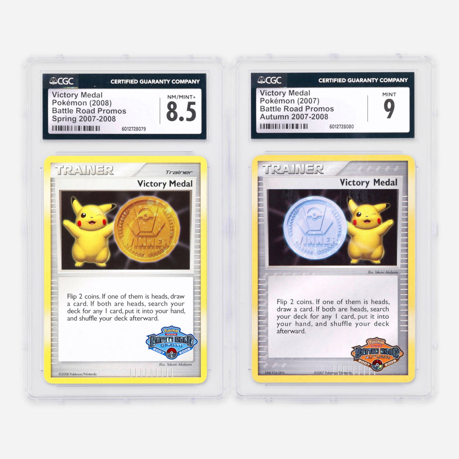 Two 2007-2008 Pokemon Battle Road Promos Victory Medal Autumn and Spring 2007-2008 CGC: Two 2007-2008 Pokemon Battle Road Promos Victory Medal Autumn and Spring 2007-2008 CGC Trading Card Group USA, 2008 2007 Pokemon Battle Road Promos Victory Medal Autumn 2007-2008 Trading Card CGC 9