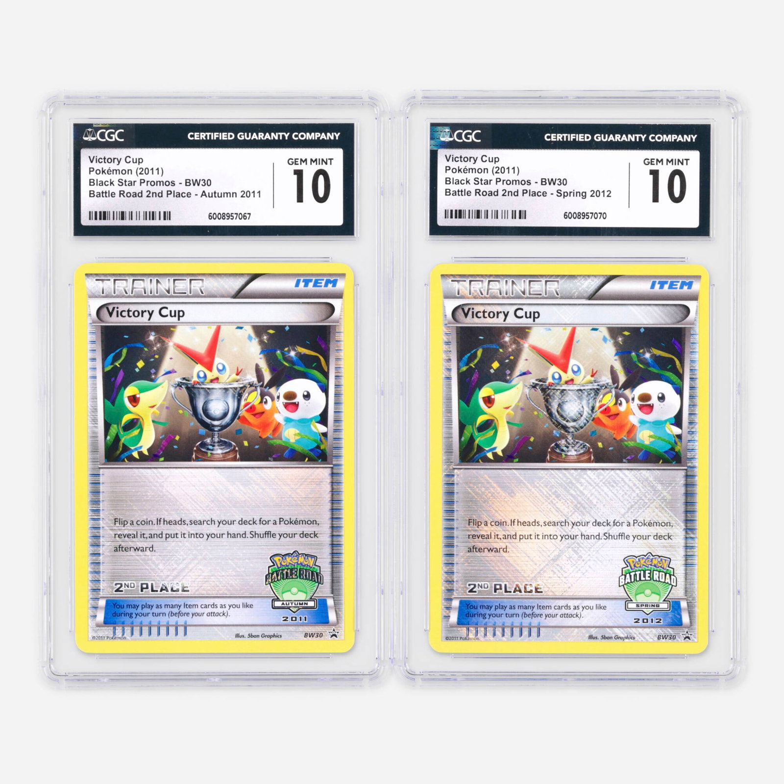 Pokemon Black Star Promos BW30 Victory Cup Battle Road 2nd Place Autumn 2011 and Spring 2012 CGC 10: Two 2011-2012 Pokemon Black Star Promos BW30 Victory Cup Battle Road 2nd Place Autumn 2011 and Spring 2012 CGC 10 Trading Card Group USA, 2011 2011 Pokemon Black Star Promos BW30 Victory Cup Battle Ro