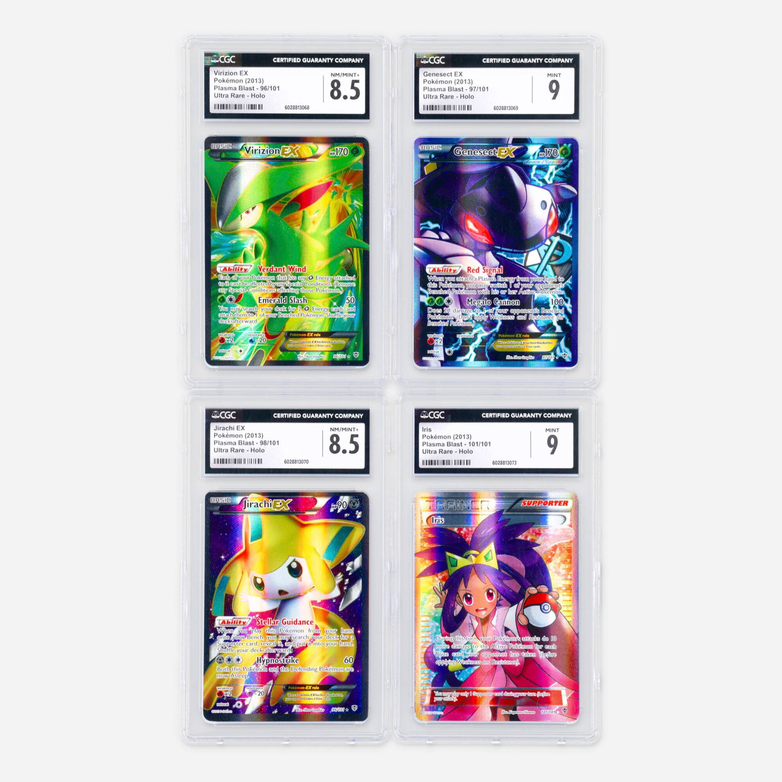 Four 2013 Pokemon Plasma Blast Ultra Rare Holo CGC Trading Card Group: Four 2013 Pokemon Plasma Blast Ultra Rare Holo CGC Trading Card Group USA, 2013 2013 Pokemon Plasma Blast 96/101 Virizion EX Ultra Rare Holo Trading Card CGC 8.5 CGC#: 6028813068