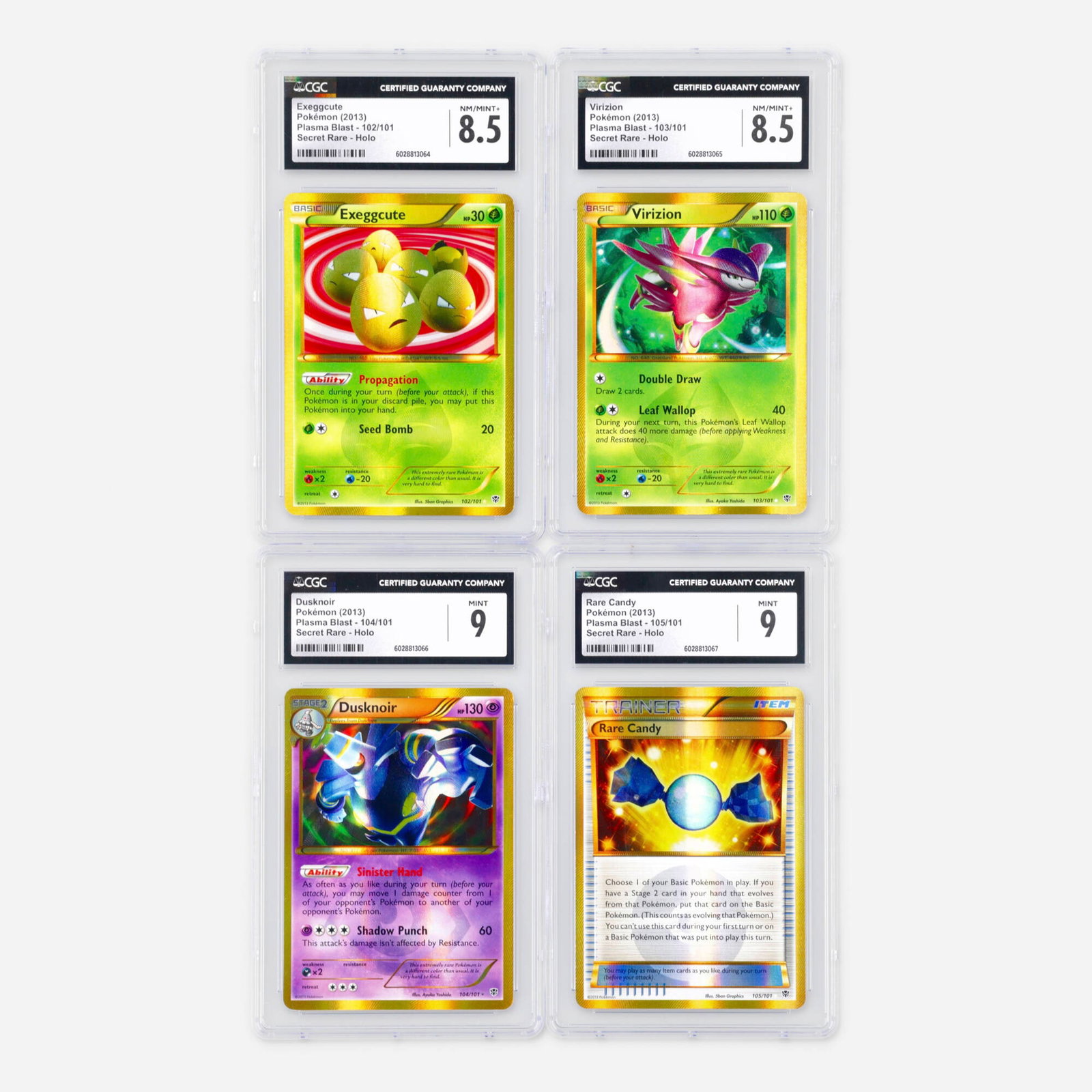 Four 2013 Pokemon Plasma Blast Secret Rare Holo CGC Trading Card Group: Four 2013 Pokemon Plasma Blast Secret Rare Holo CGC Trading Card Group USA, 2013 2013 Pokemon Plasma Blast 102/101 Exeggcute Secret Rare Holo Trading Card CGC 8.5 CGC#: 6028813064 <