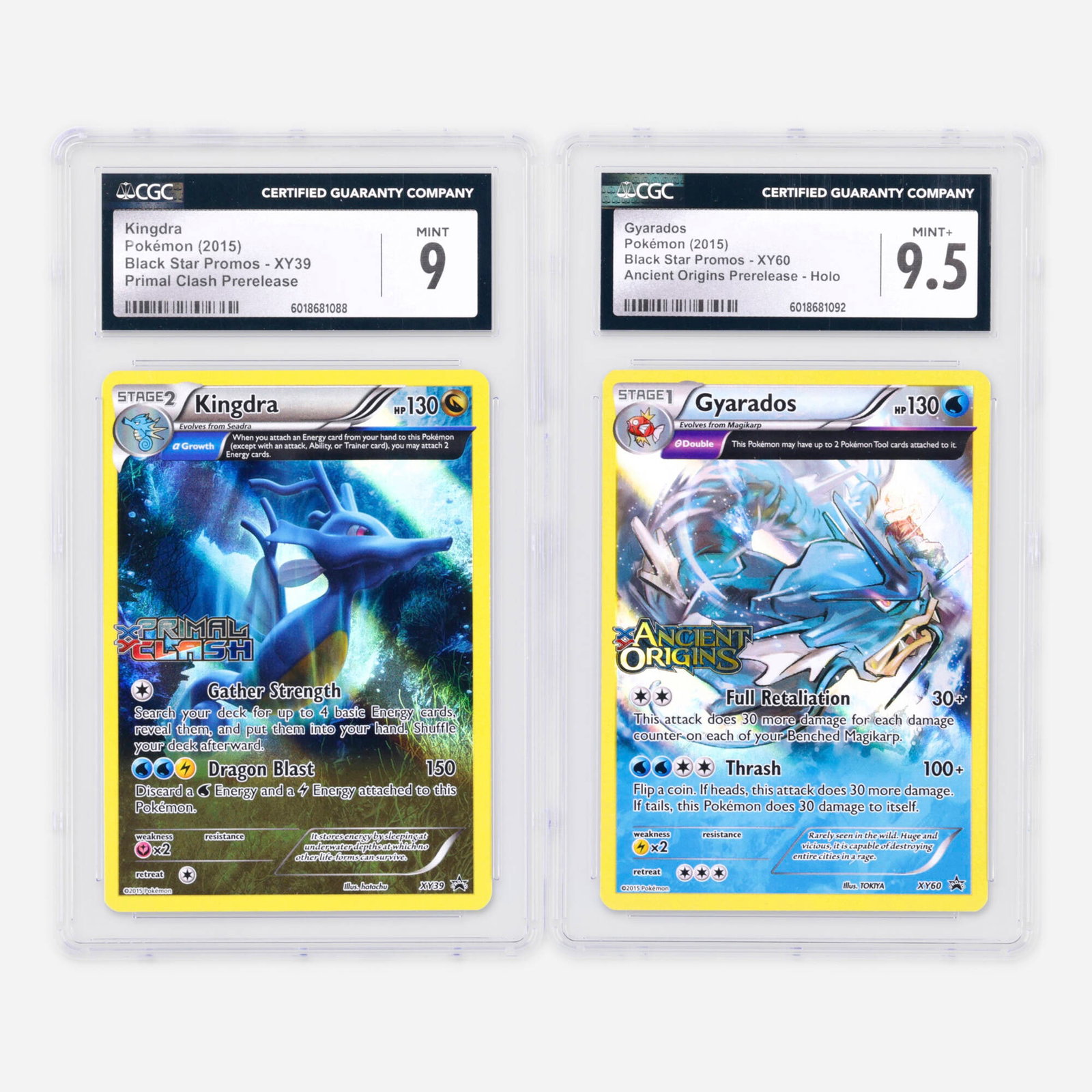 Pokemon Black Star Promos XY39 Kingdra Primal Clash Prerelease XY60 Gyarados Ancient Origins Holo: Two 2015 Pokemon Black Star Promos XY39 Kingdra Primal Clash Prerelease and XY60 Gyarados Ancient Origins Prerelease Holo CGC Trading Card Group USA, 2015 2015 Pokemon Black Star Promos XY39 Kingdra P