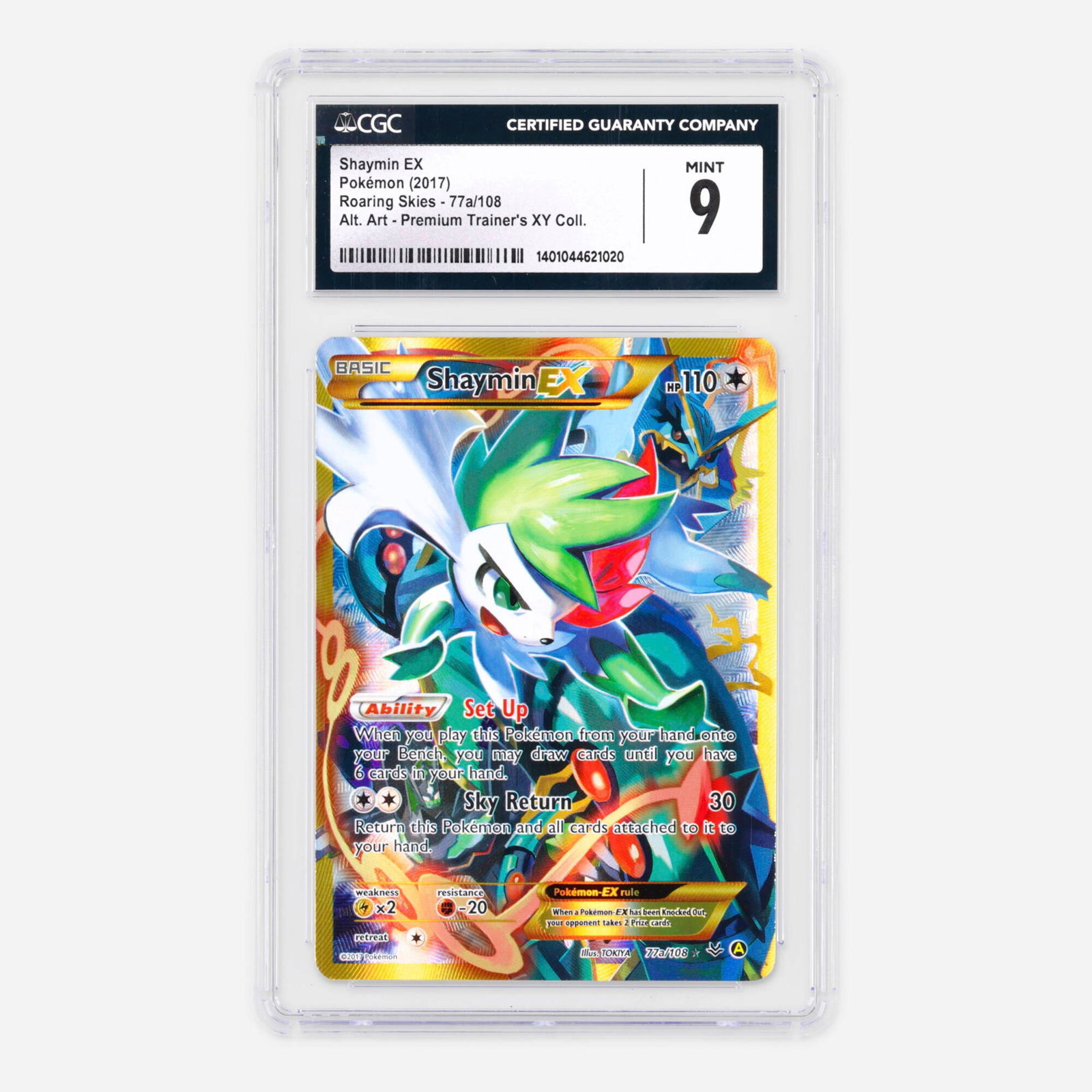 2017 Pokemon Roaring Skies 77a/108 Shaymin EX Alt. Art Premium Trainer's XY Collection: 2017 Pokemon Roaring Skies 77a/108 Shaymin EX Alt. Art Premium Trainer's XY Collection Trading Card CGC 9 USA, 2017 CGC#: 1401044621020 Population: 41 In 9, 12 Higher