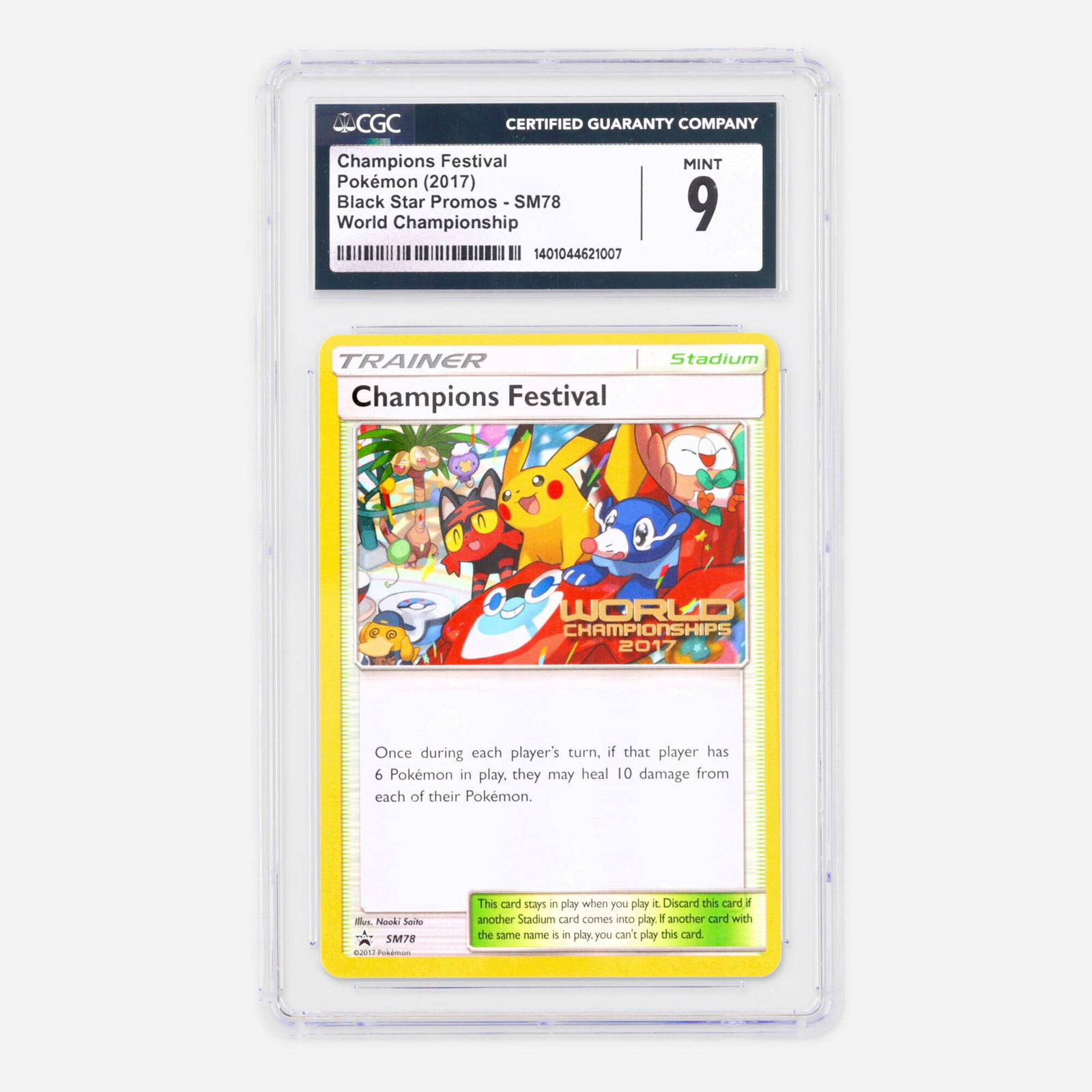 2017 Pokemon Black Star Promos SM78 Champions Festival World Championships Trading Card CGC 9: 2017 Pokemon Black Star Promos SM78 Champions Festival World Championships Trading Card CGC 9 USA, 2017 CGC#: 1401044621007 Population: 22 In 9, 33 Higher