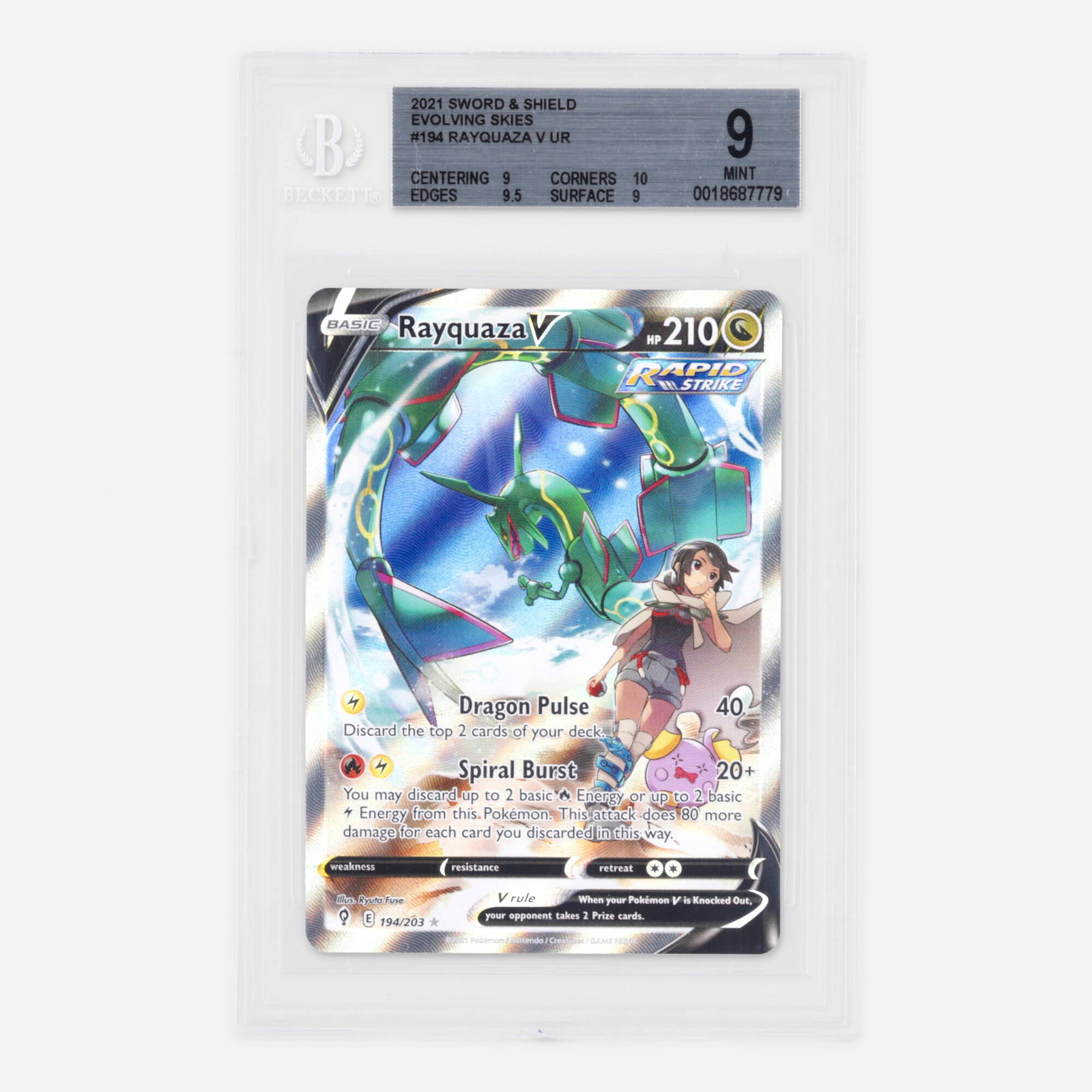 2021 Pokemon Sword and Shield Evolving Skies 194/203 Rayquaza V Ultra Rare Holo Trading Card BGS 9: 2021 Pokemon Sword and Shield Evolving Skies 194/203 Rayquaza V Ultra Rare Holo Trading Card BGS 9 USA, 2021 BGS#: 0018687779 Grader Notes: Centering: 9, Corners: 10, Edges: 9.5, Surfa