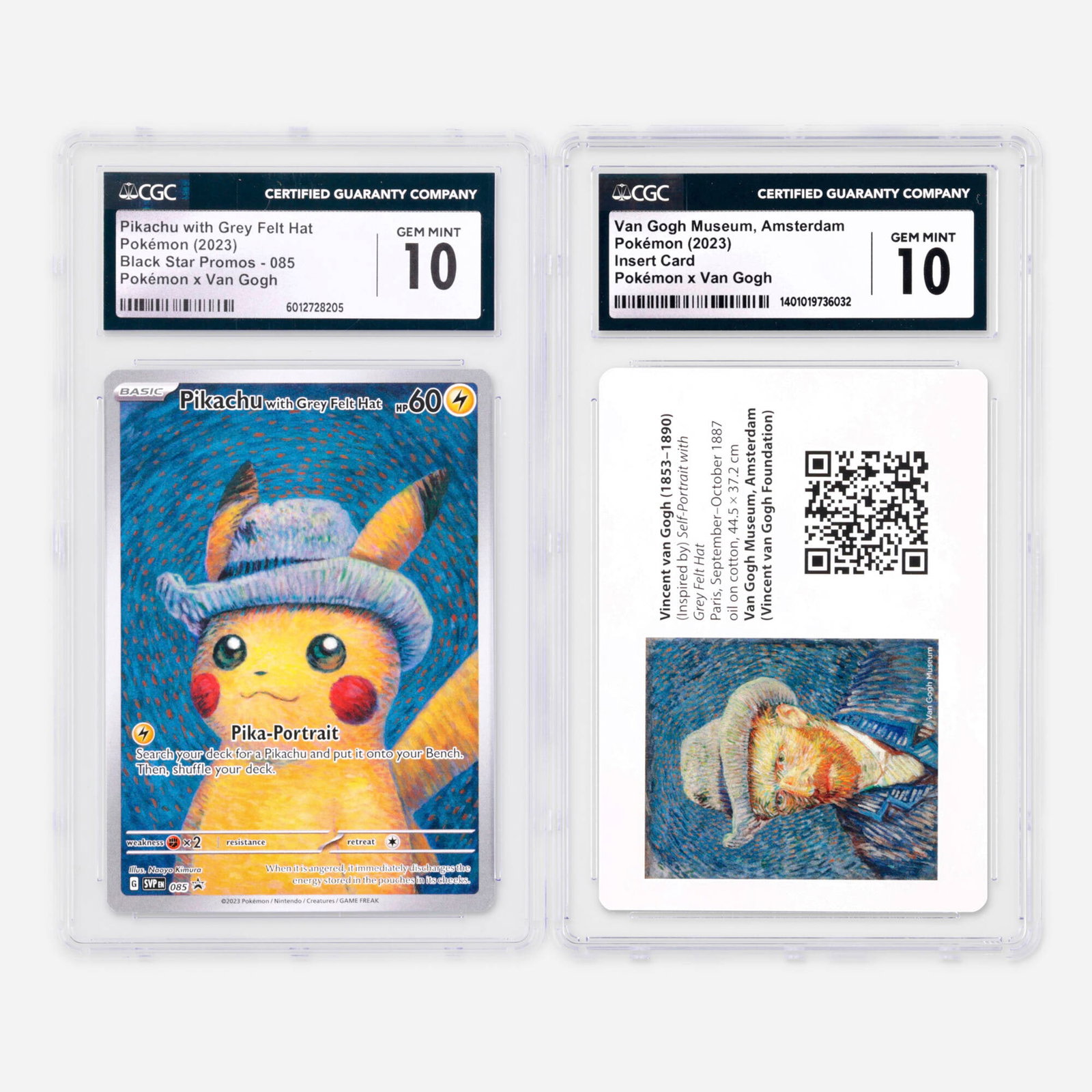 Two 2023 Pokemon Black Star Promos 085 Pikachu Amsterdam Pokemon x Van Gogh: Two 2023 Pokemon Black Star Promos 085 Pikachu with Gret Felt Hat and Insert Card Van Gogh Museum, Amsterdam Pokemon x Van Gogh CGC 10 Trading Card Group USA, 2023 2023 Pokemon Black Star Promos 085 P