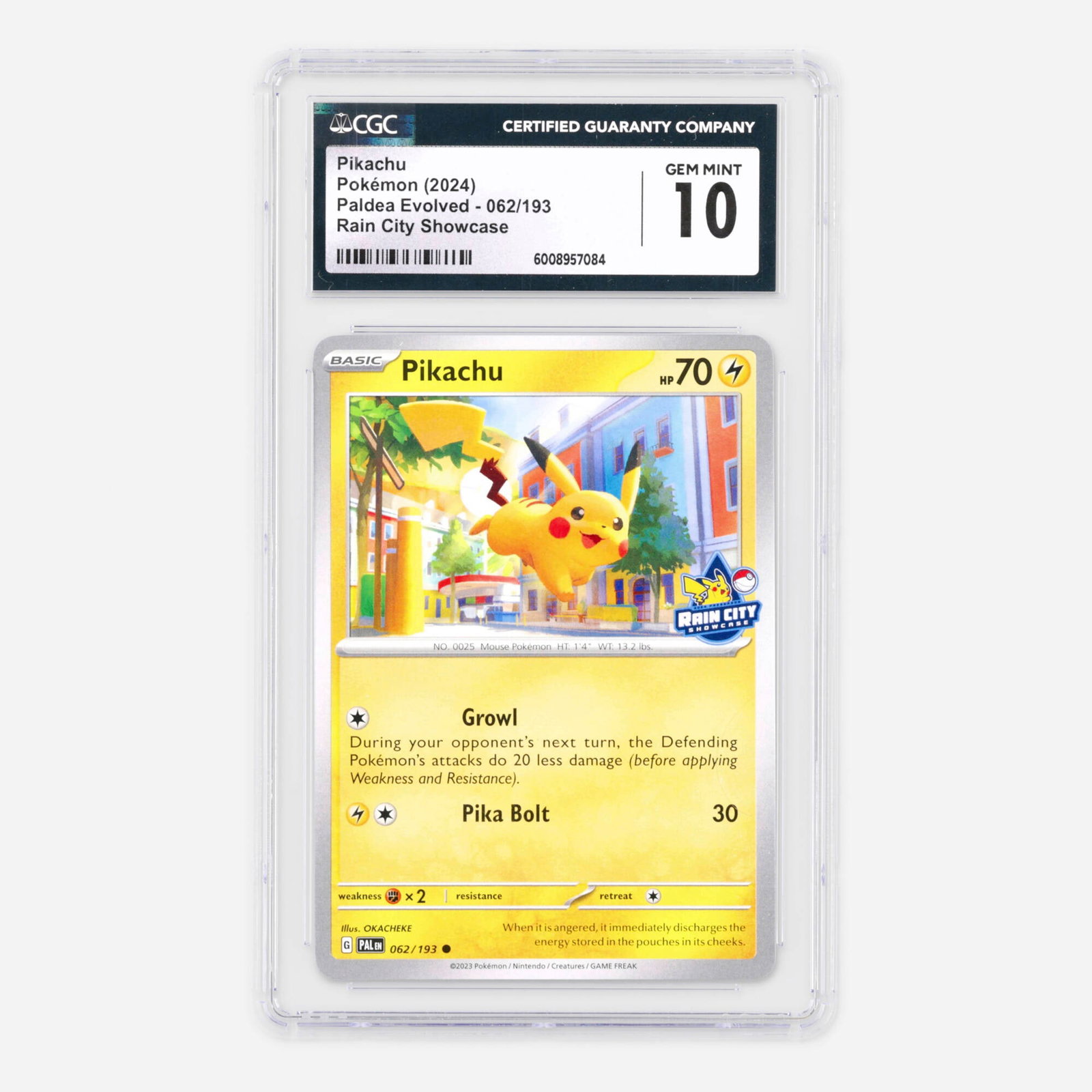 2024 Pokemon Paldea Evolved 062/193 Pikachu Rain City Showcase Trading Card CGC 10: 2024 Pokemon Paldea Evolved 062/193 Pikachu Rain City Showcase Trading Card CGC 10 USA, 2024 CGC#: 6008957084 Population: 27 In 10 Gem Mint, 4 Higher
