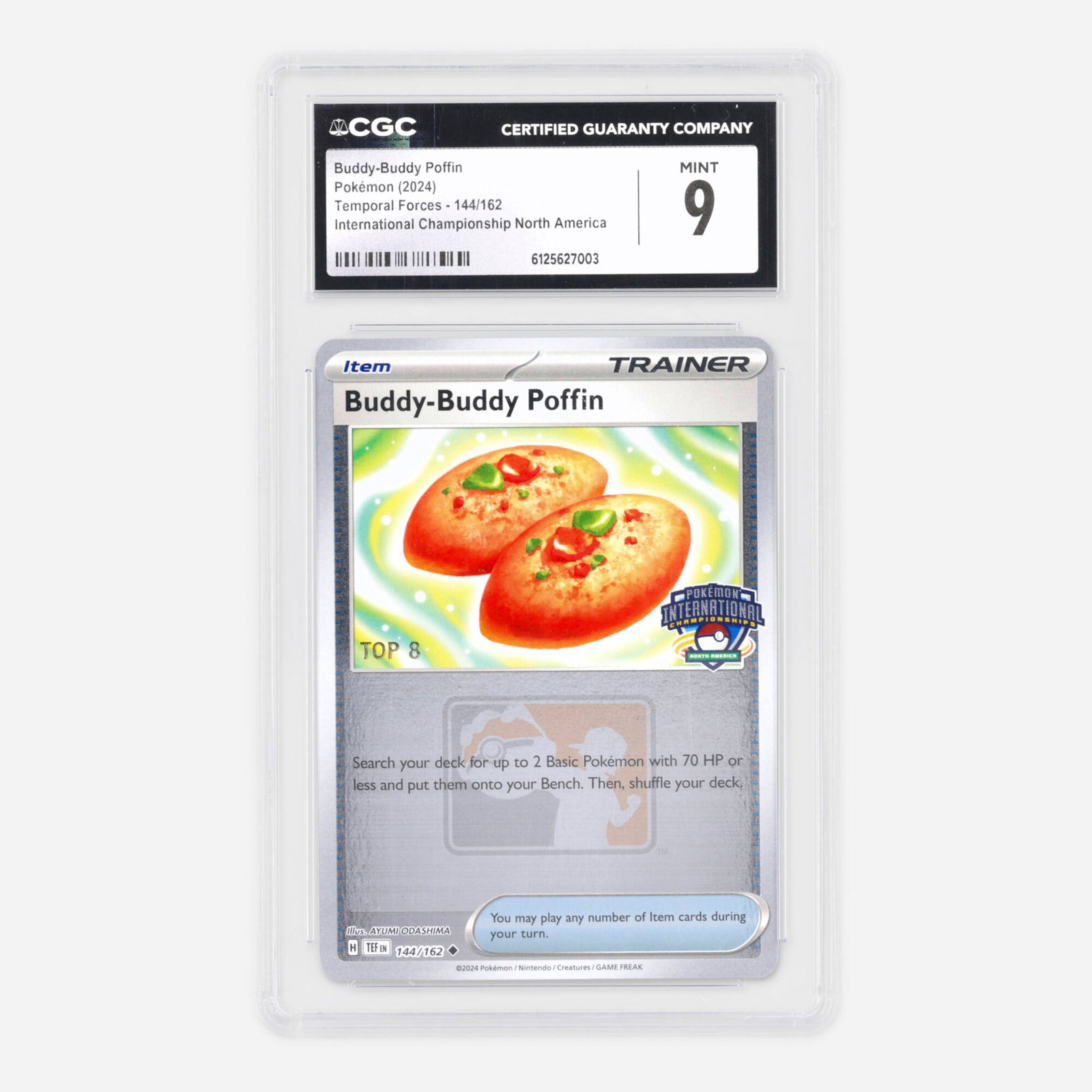 Pokemon Temporal Forces 144/162 Buddy-Buddy Poffin International Championship North America Top 8: 2024 Pokemon Temporal Forces 144/162 Buddy-Buddy Poffin International Championship North America Top 8 Trading Card CGC 9 USA, 2024 CGC#: 6125627003 Population: 3 In 9, 1 Higher