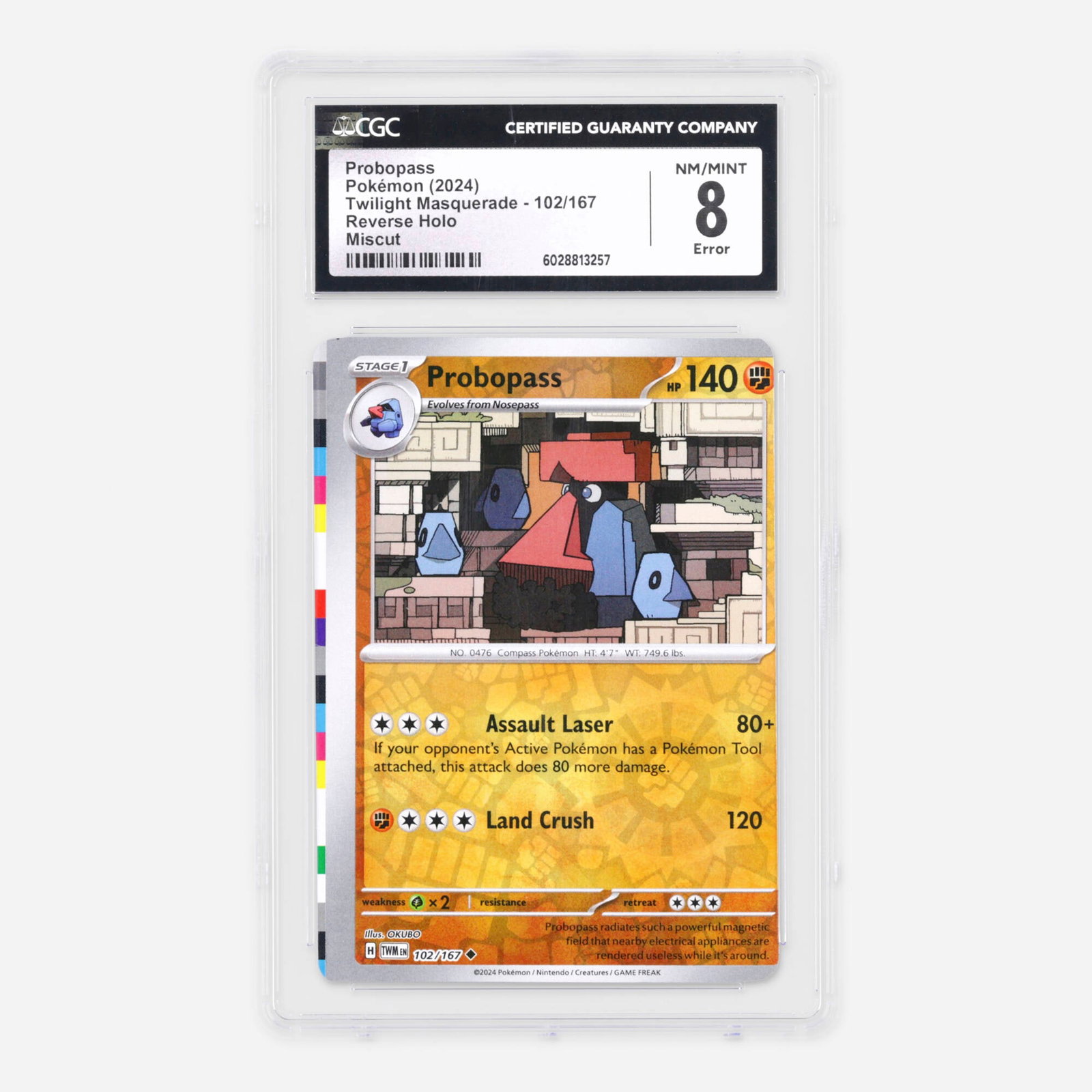 2024 Pokemon Twilight Masquerade 102/167 Probopass Reverse Holo Trading Card CGC 8 Miscut Error: 2024 Pokemon Twilight Masquerade 102/167 Probopass Reverse Holo Trading Card CGC 8 Miscut Error USA, 2024 CGC#: 6028813257 Population: 1 in 8, 7 higher